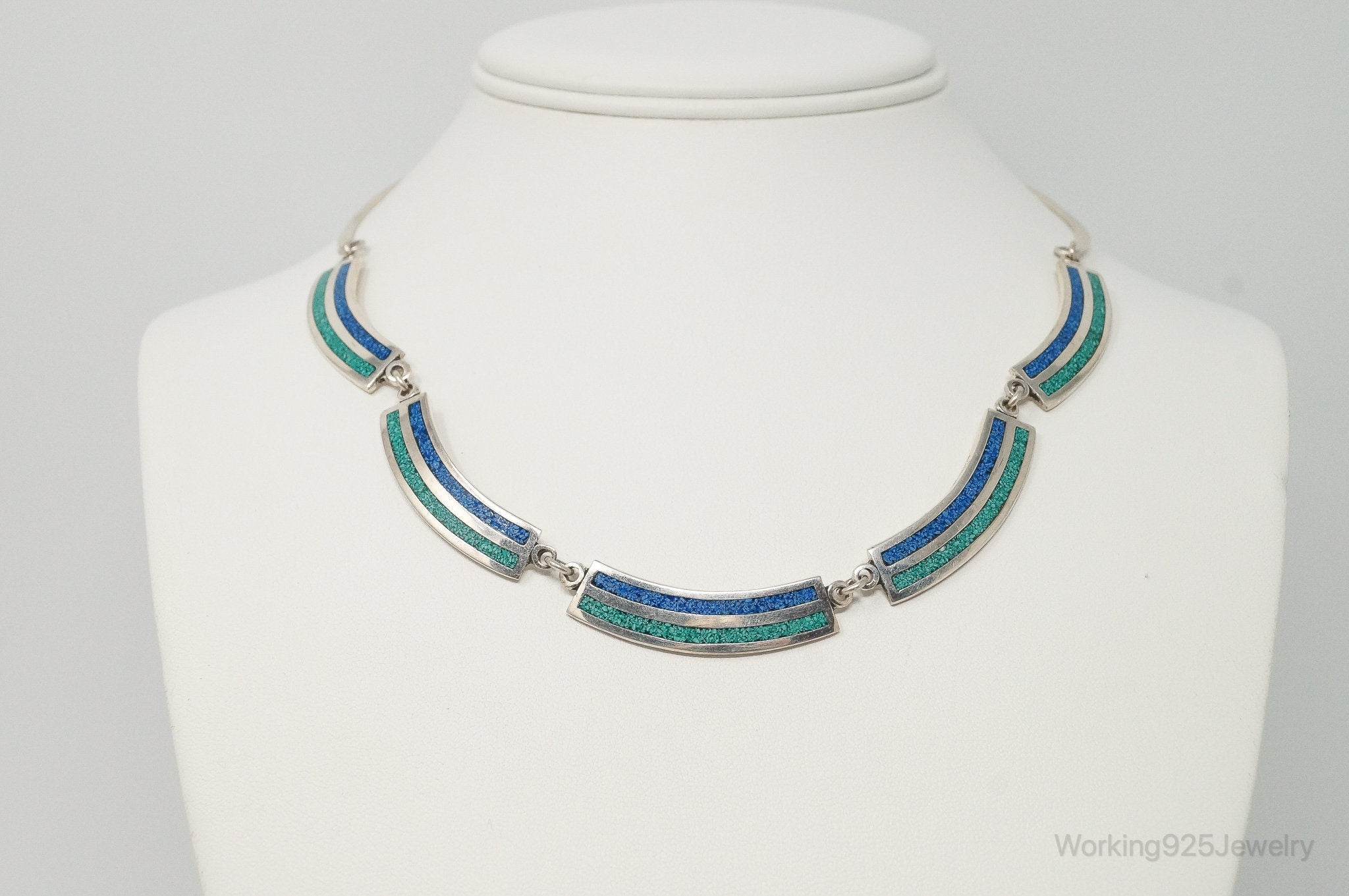 Vintage Mexico Turquoise Lapis Lazuli Chips Sterling Silver Necklace