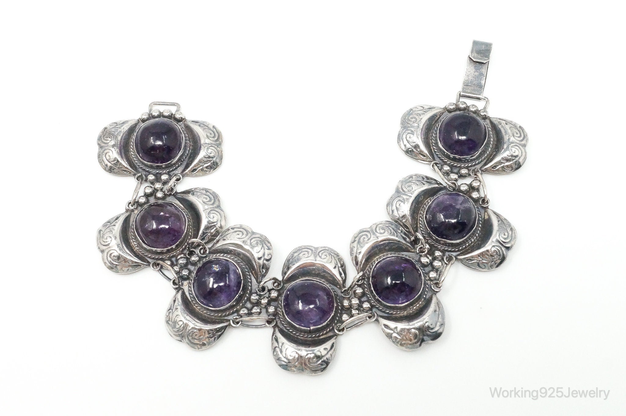 Vintage Mexico AJM Amethyst Modernist Sterling Silver Bracelet