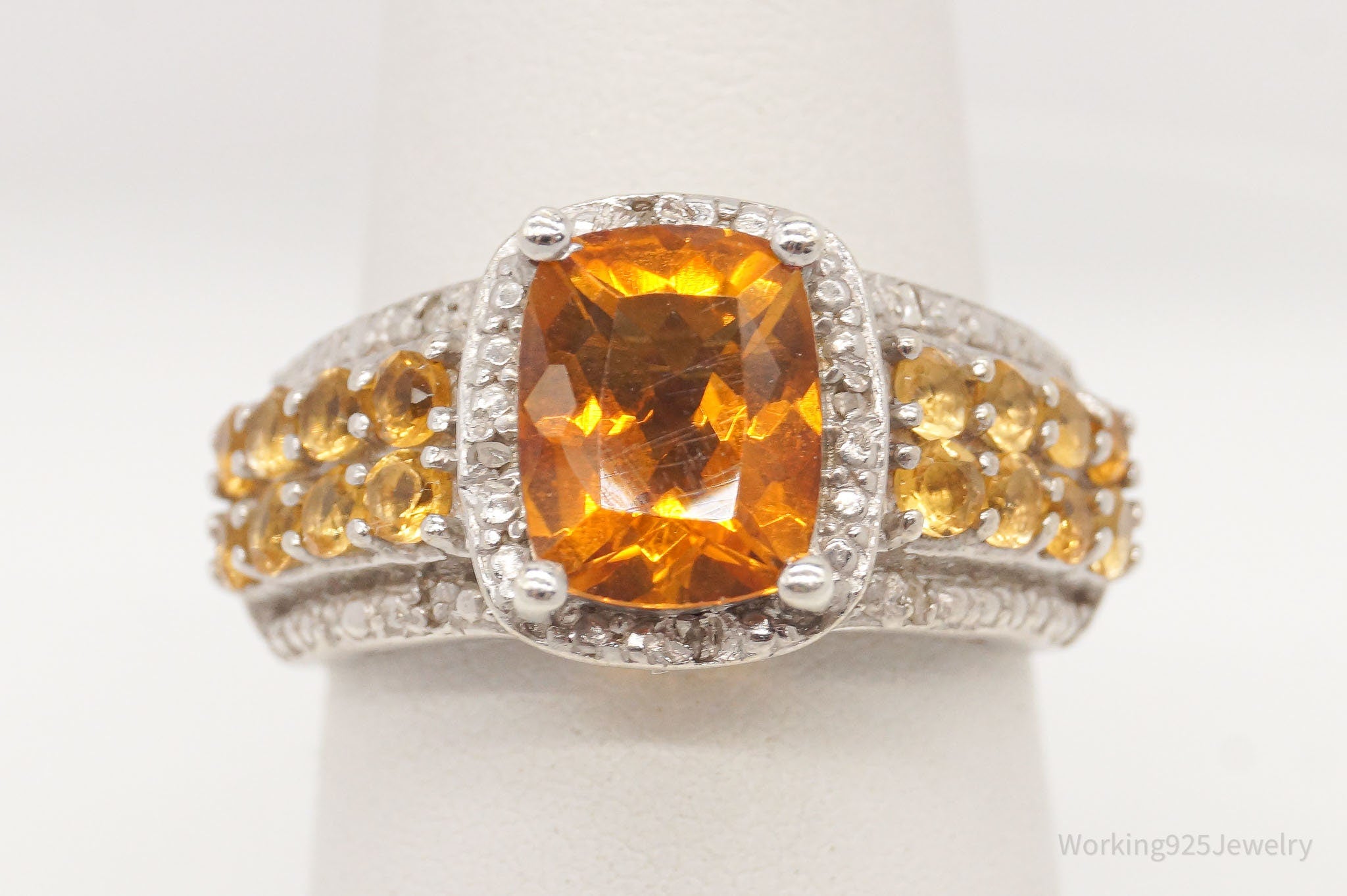 Vintage Citrine Five Diamonds Sterling Silver Ring - Size 6.75