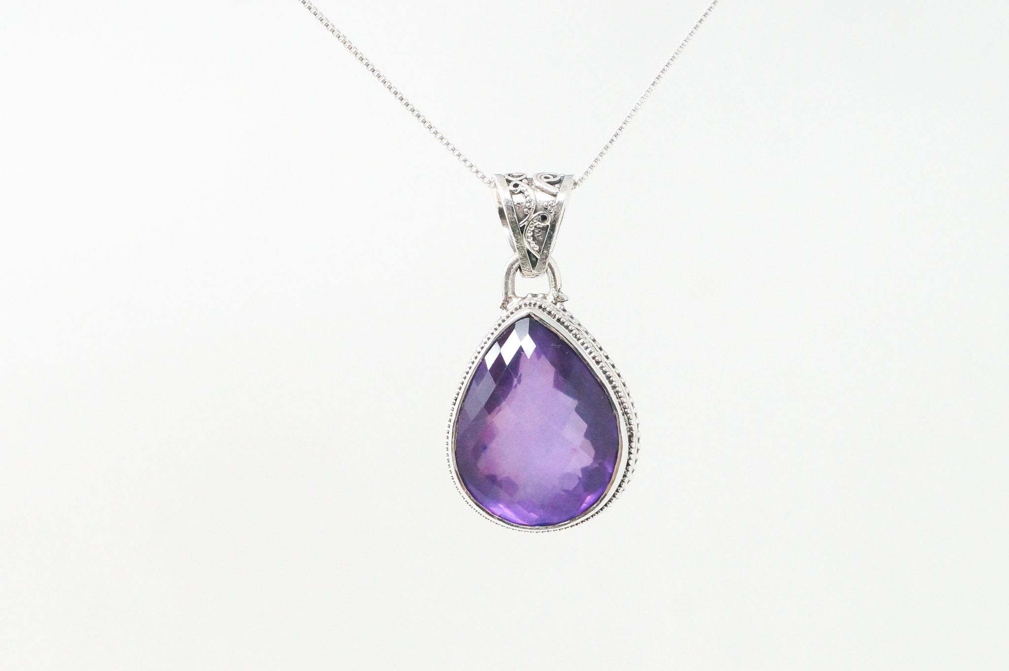 Vintage Large Purple Amethyst Bali Scroll Sterling Silver Necklace Pendant