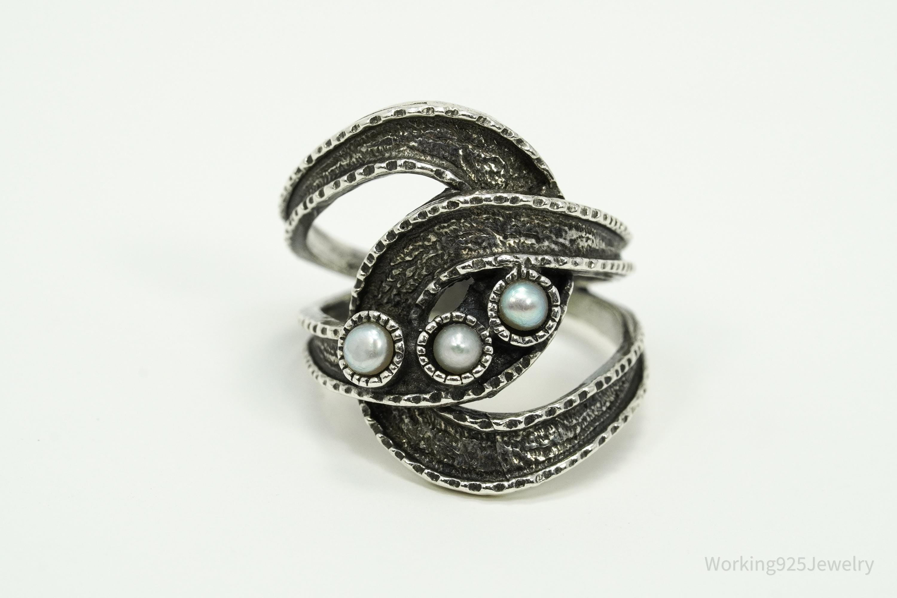 Vintage Pearls Modernist Style Sterling Silver Ring - Size 7.25
