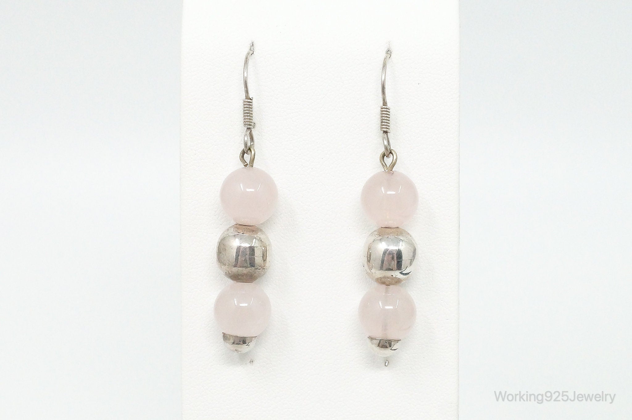 Vintage Rose Quartz Sterling Silver Dangle Earrings