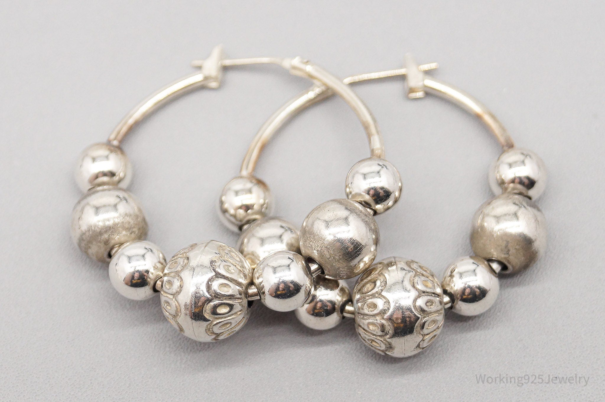 Vintage Puffy Bead Sterling Silver Hoop Earrings