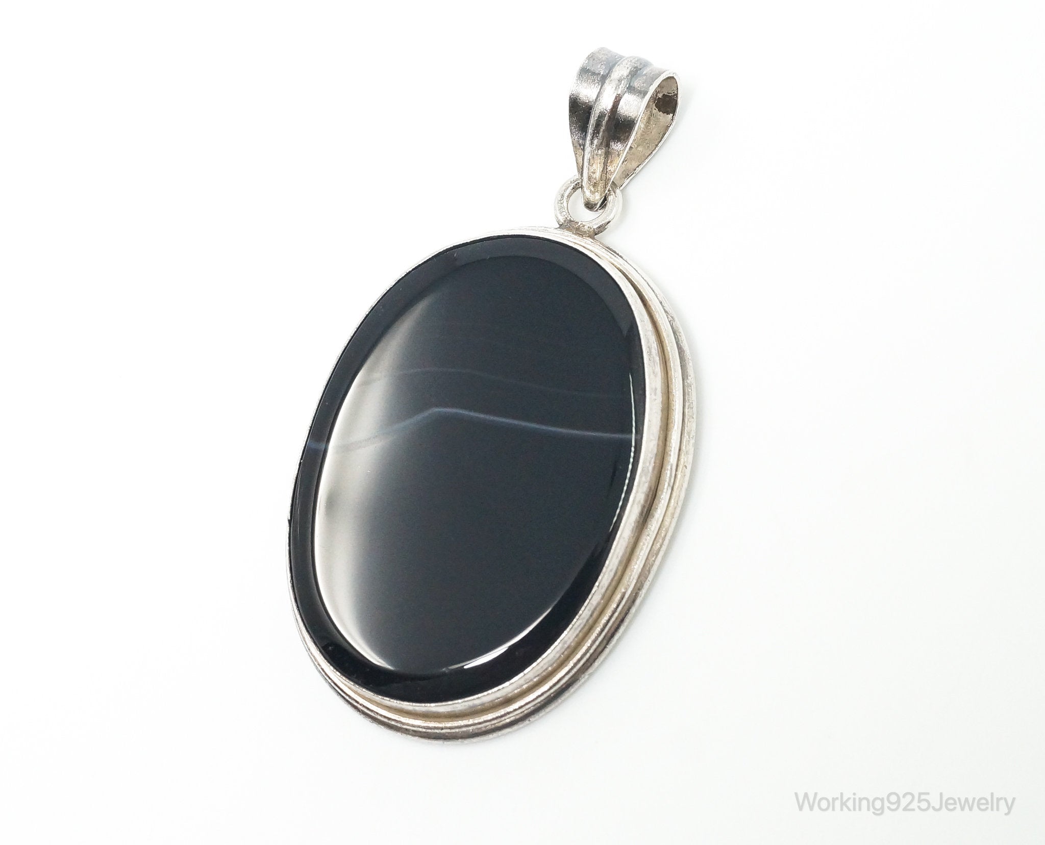 Vintage Large Black Lace Agate Sterling Silver Pendant