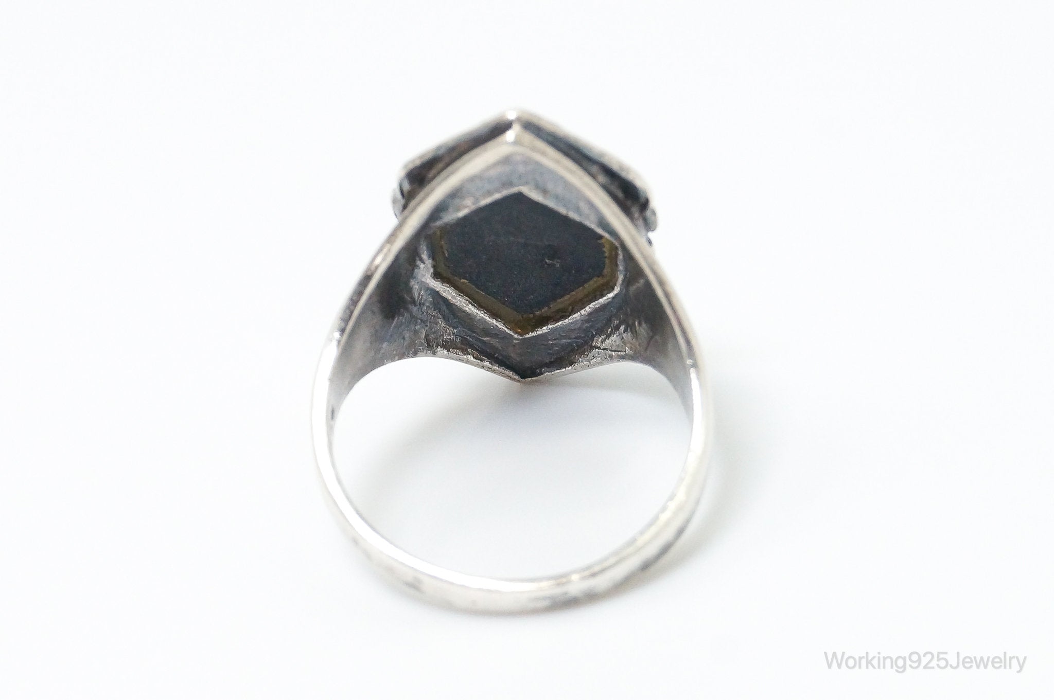 VTG Art Deco Marcasite Black Onyx Sterling Silver Statement Ring - SZ 7.5