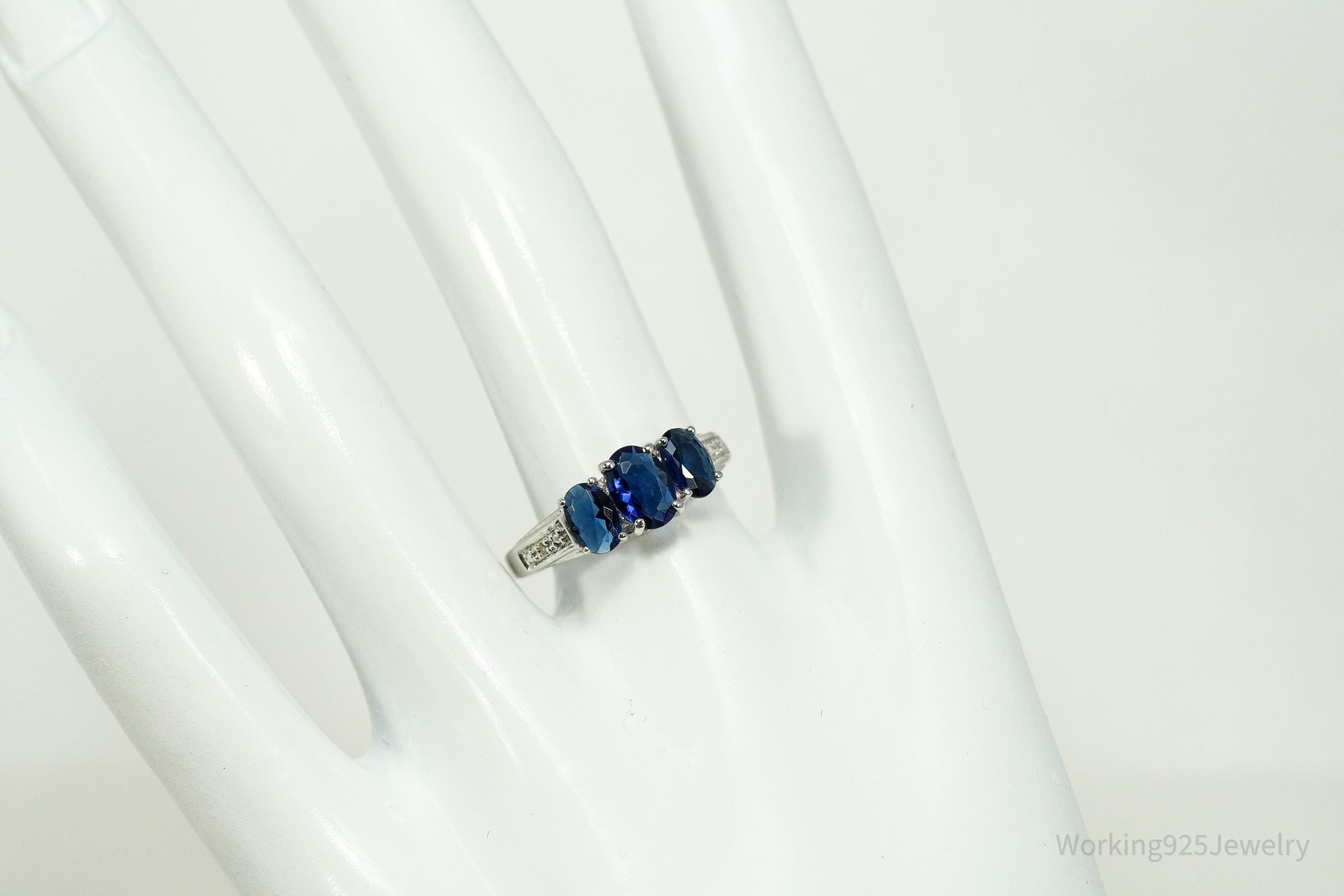 Vintage Blue Simulated Sapphires & 2 Diamonds Sterling Silver Ring - Size 7.25