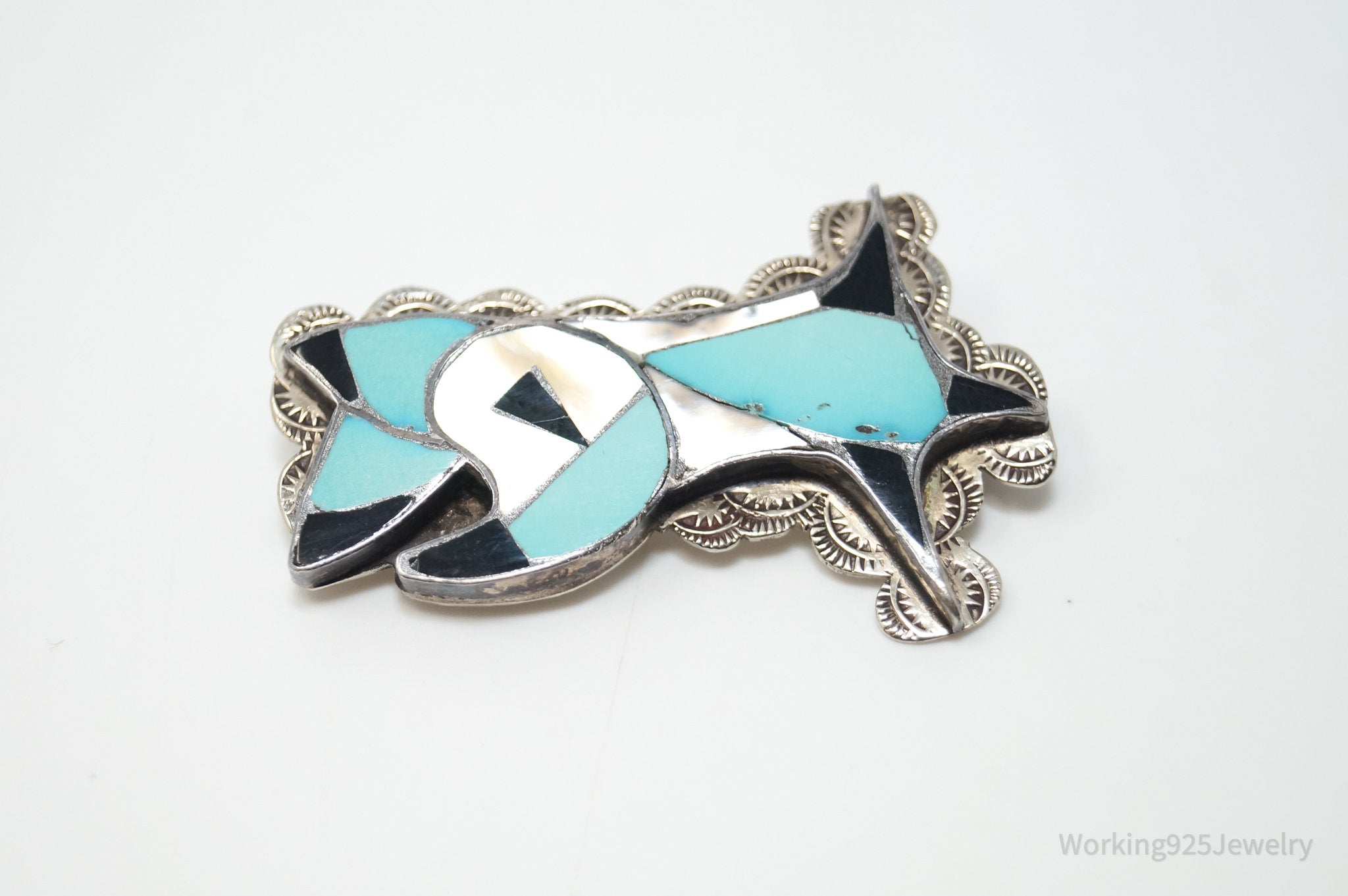 Vintage Handmade Native American Zuni Multi Gem Inlay Sterling Silver Brooch Pin