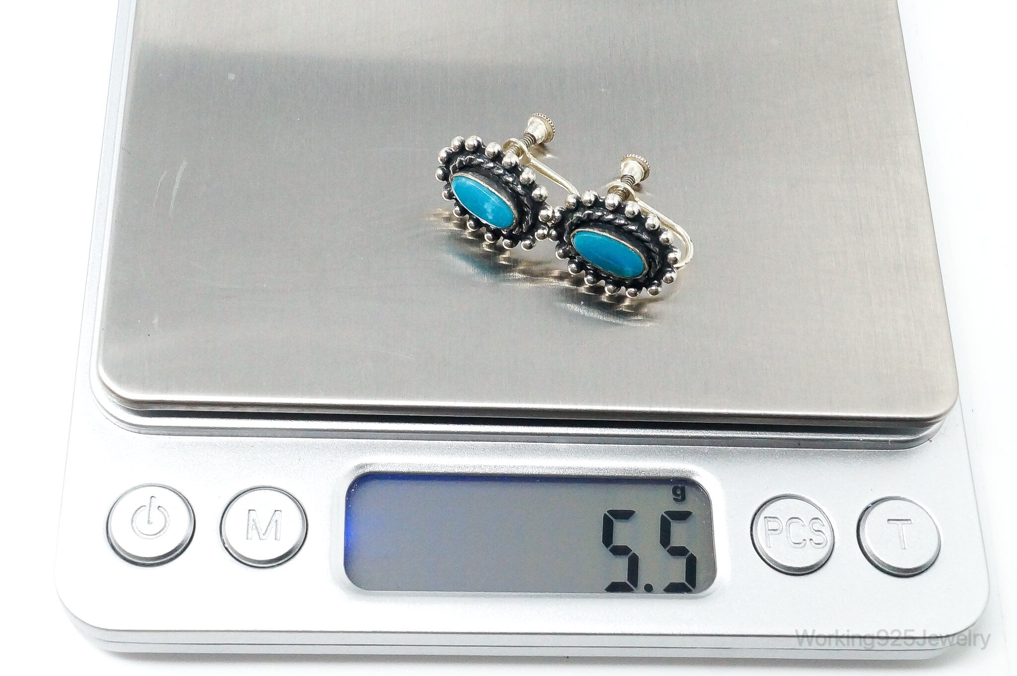 Vintage Native American Unsigned Turquoise Sterling Silver Screw Back Earrings