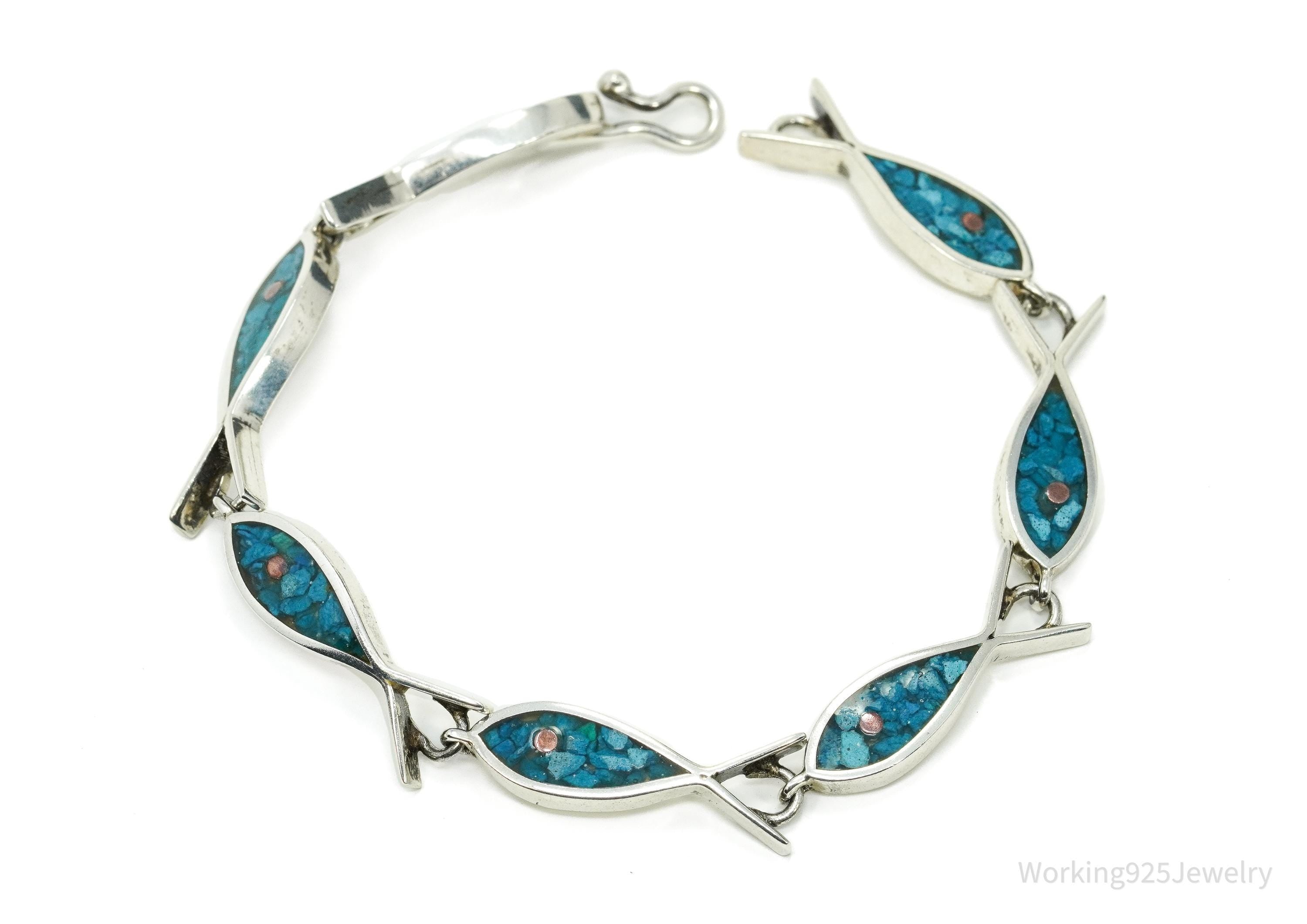 Vintage Mexico Blue Turquoise Inlay Fish Pattern Sterling Silver Bracelet - 7.25"