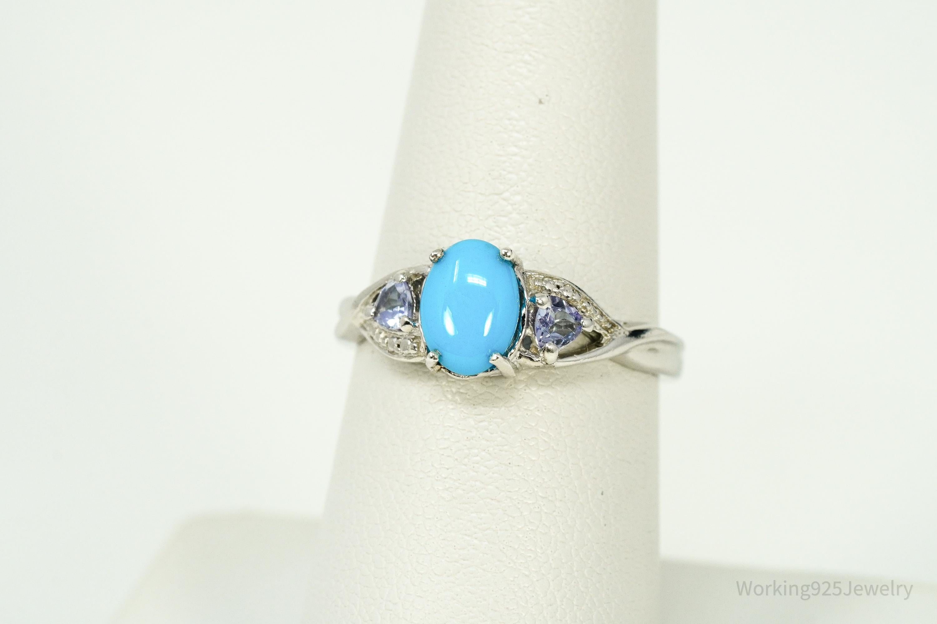 Vintage Blue Turquoise & Tanzanite Sterling Silver Ring - Size 7.25