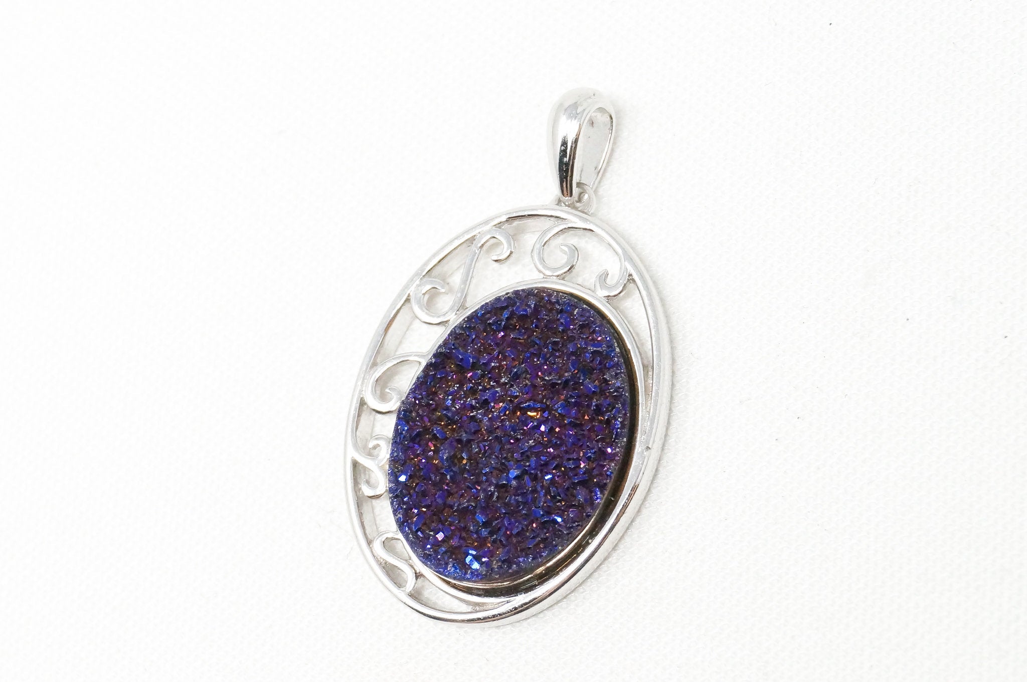 Vintage Designer TGGC Purple Druzy Quartz Art Deco Style Sterling Silver Pendant