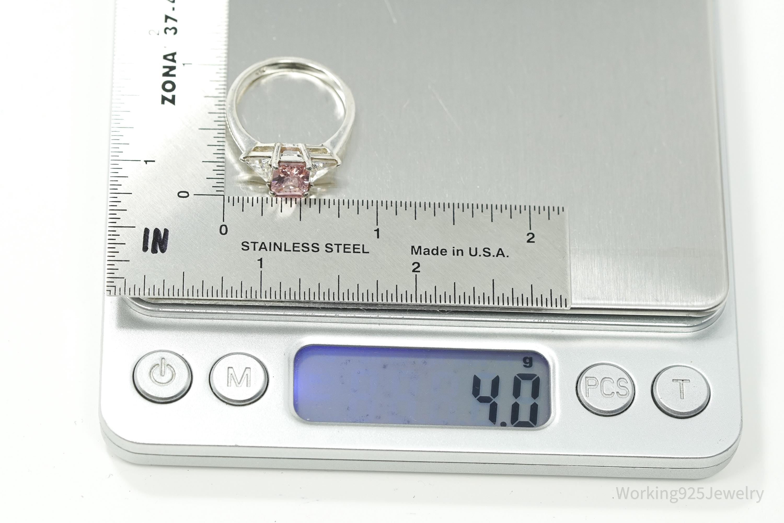Vintage Pink & White Cubic Zirconia Sterling Silver Ring - Size 8.25