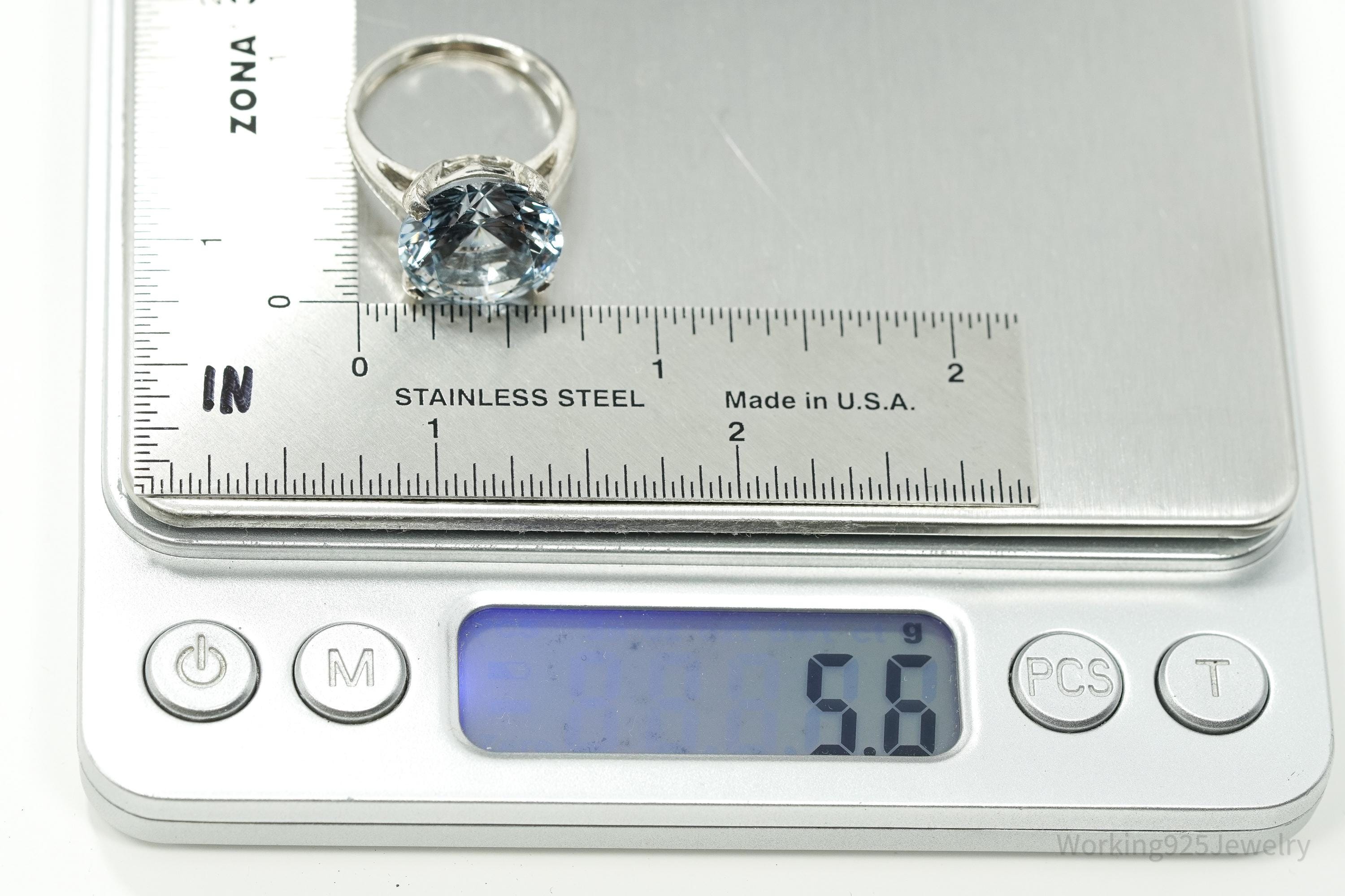 Vintage Large Light Blue Spinel Sterling Silver Rhodium Plated Ring - Size 7.25