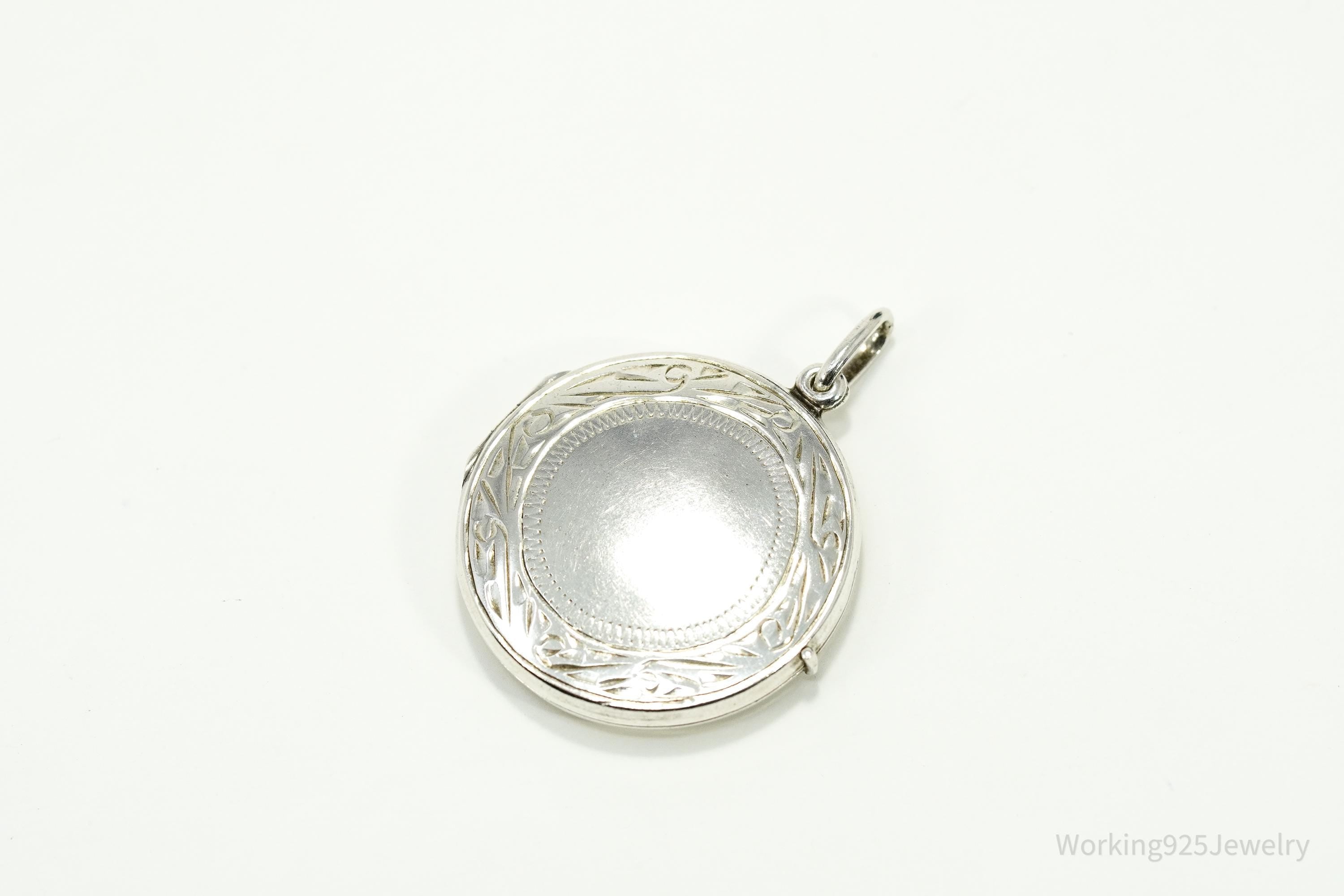 Vintage Round Etched Sterling Silver Locket Pendant