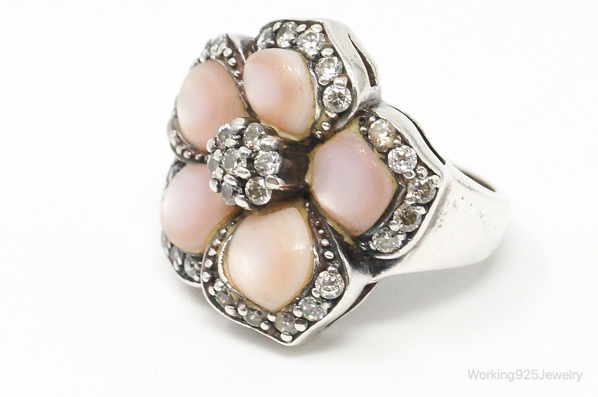 Vintage Mother Of Pearl Cubic Zirconia Sterling Silver Ring Size 5