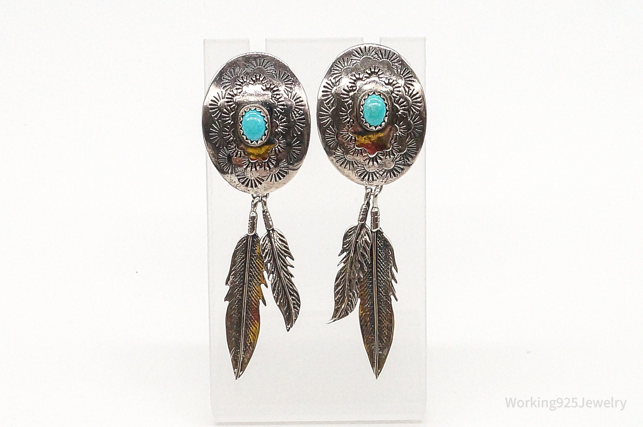 Vintage Native American Turquoise Feather Sterling Silver Earrings