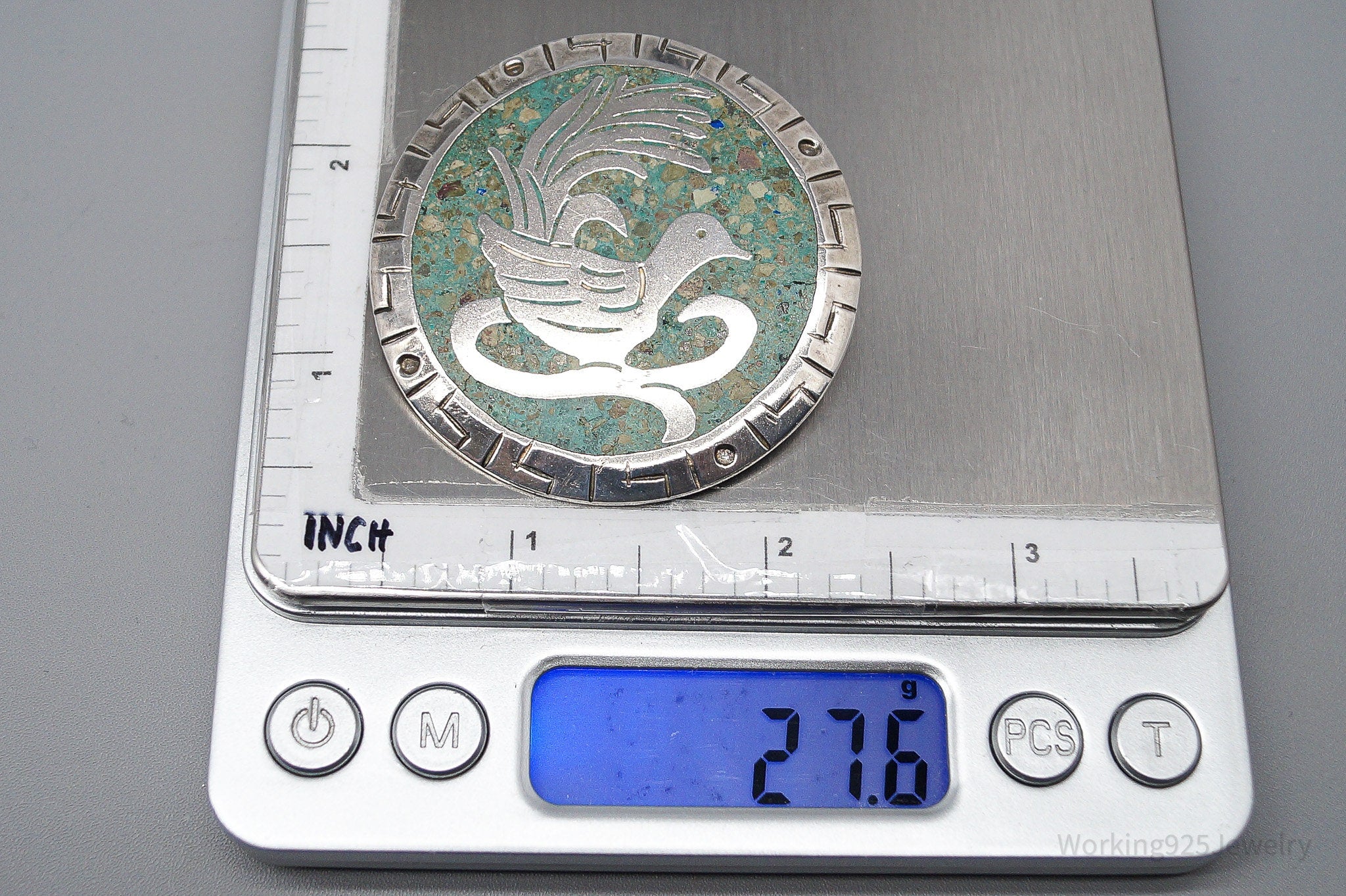 Vintage Large Mexico Gem Inlay Sterling Silver Brooch Pin Pendant 2"