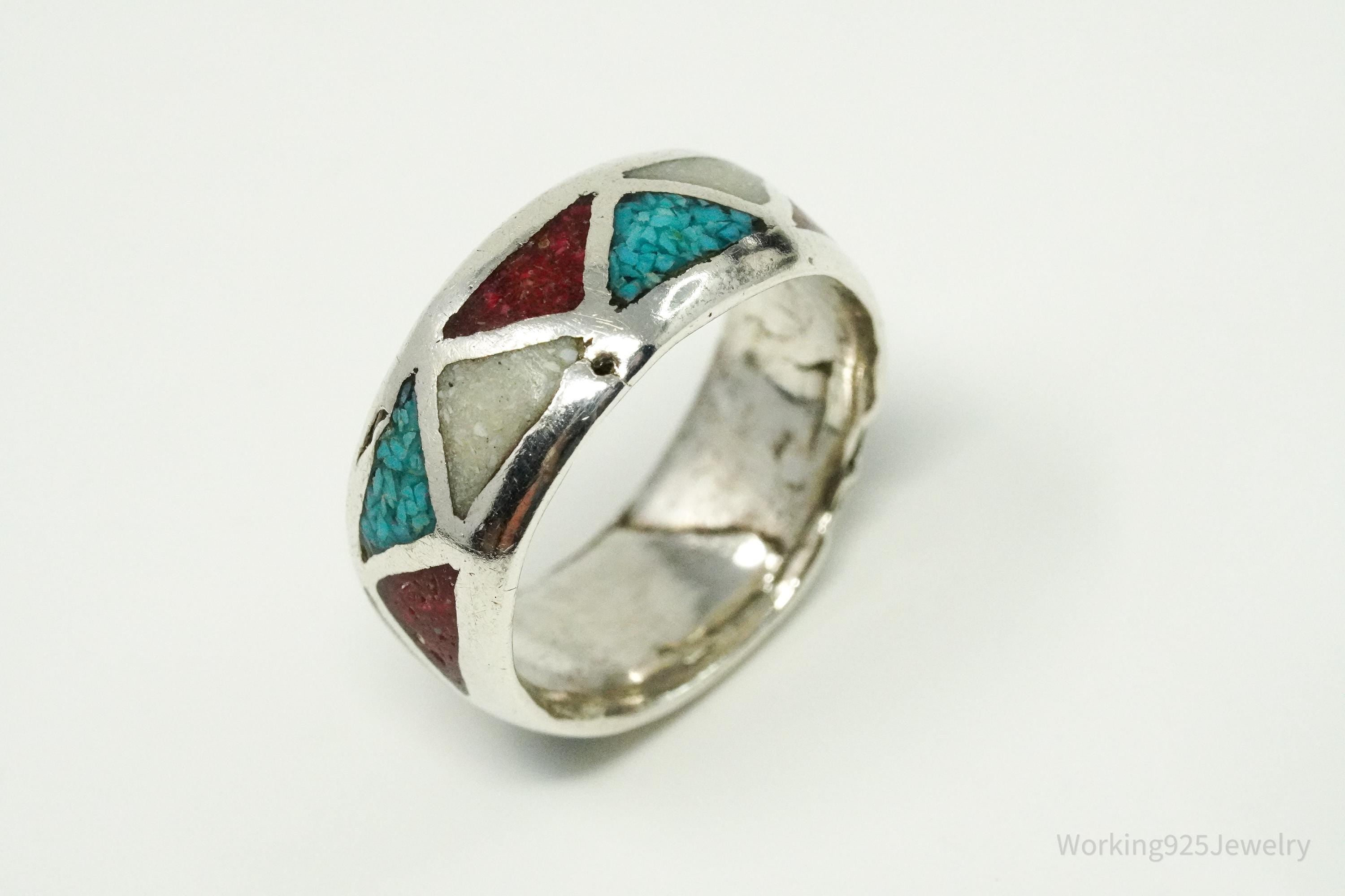 Vintage Native American Stone Inlay Unsigned Silver Ring - Size 7.25