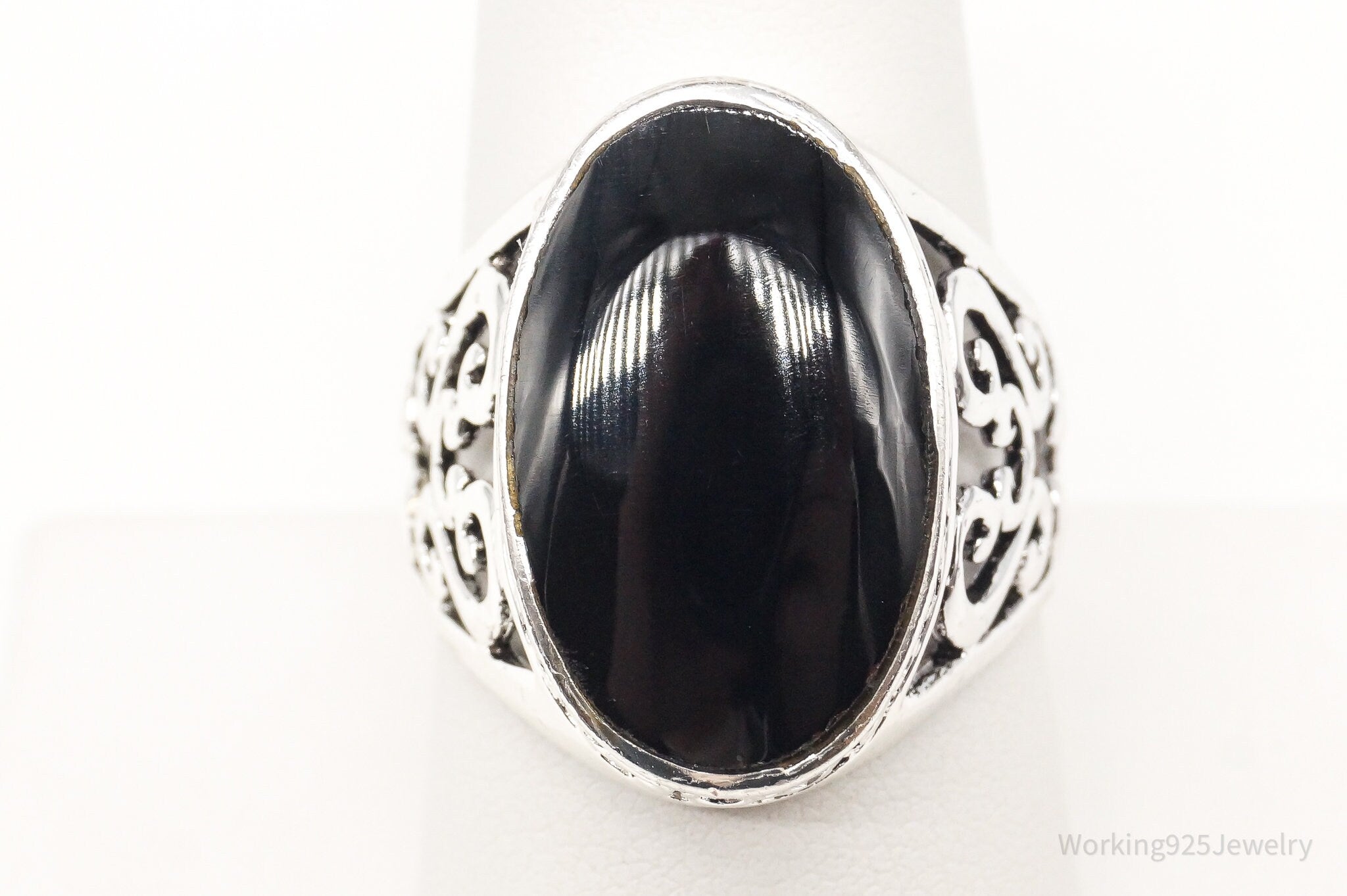 Vintage Large Black Onyx Sterling Silver Ring - Size 9.25