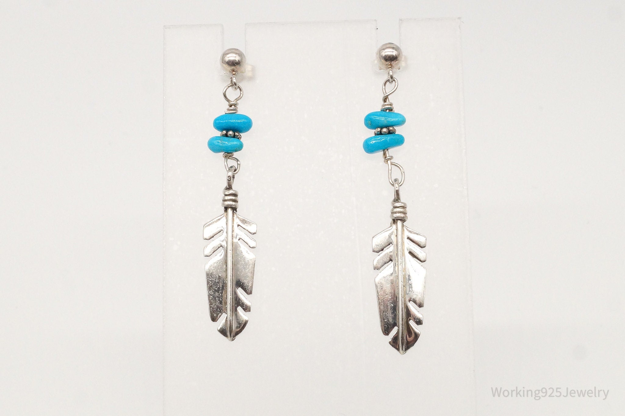 Vintage Native American Turquoise Feather Sterling Silver Earrings