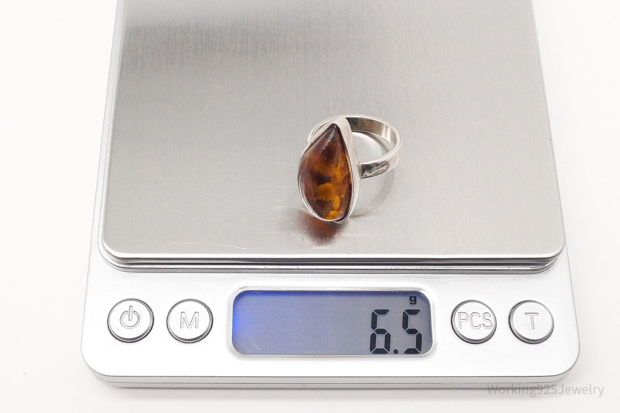 Vintage Large Baltic Amber Sterling Silver Ring Size 7.5