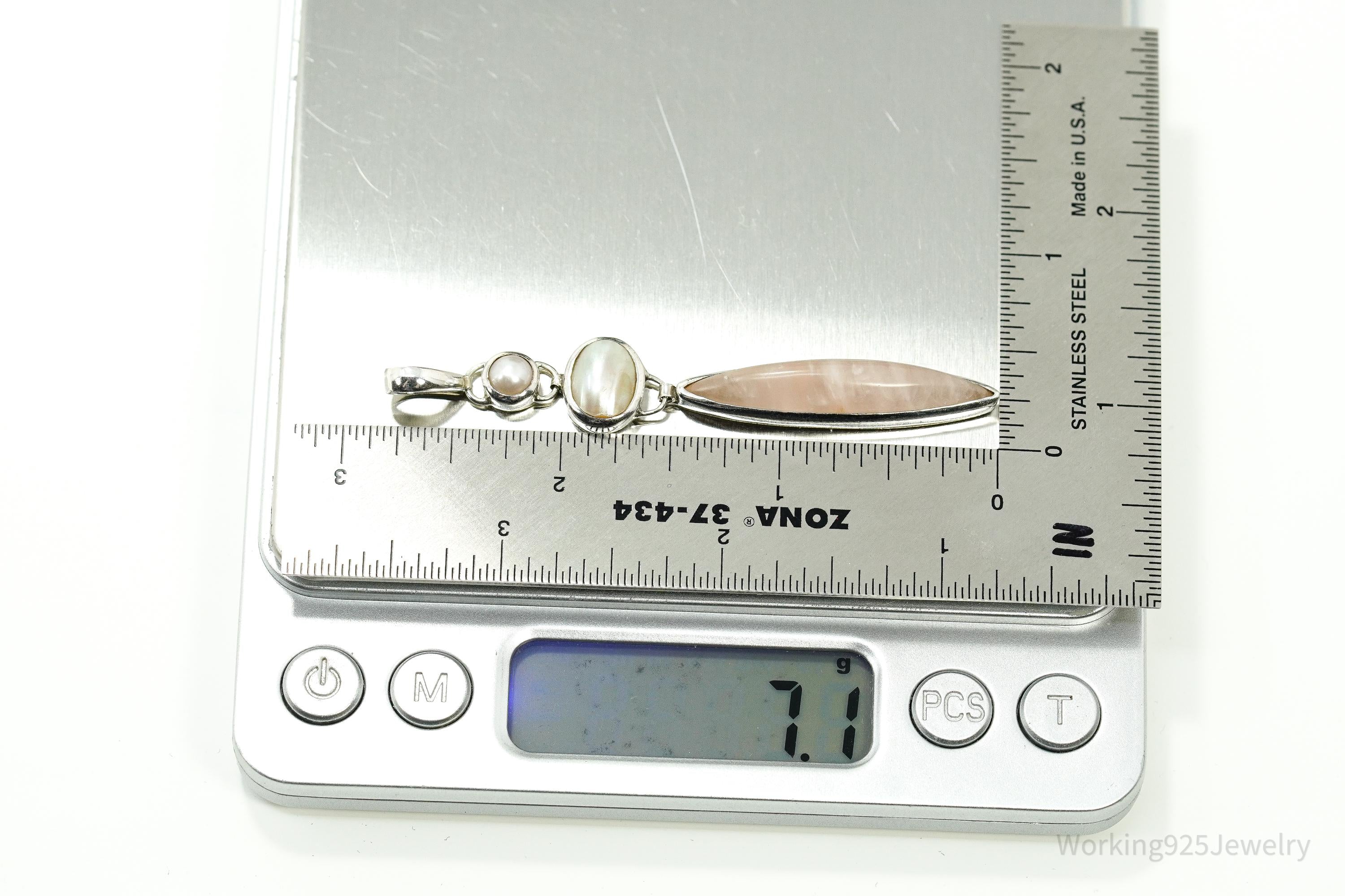 Vintage Rose Quartz Mother Of Pearl & Pearl Sterling Silver Pendant