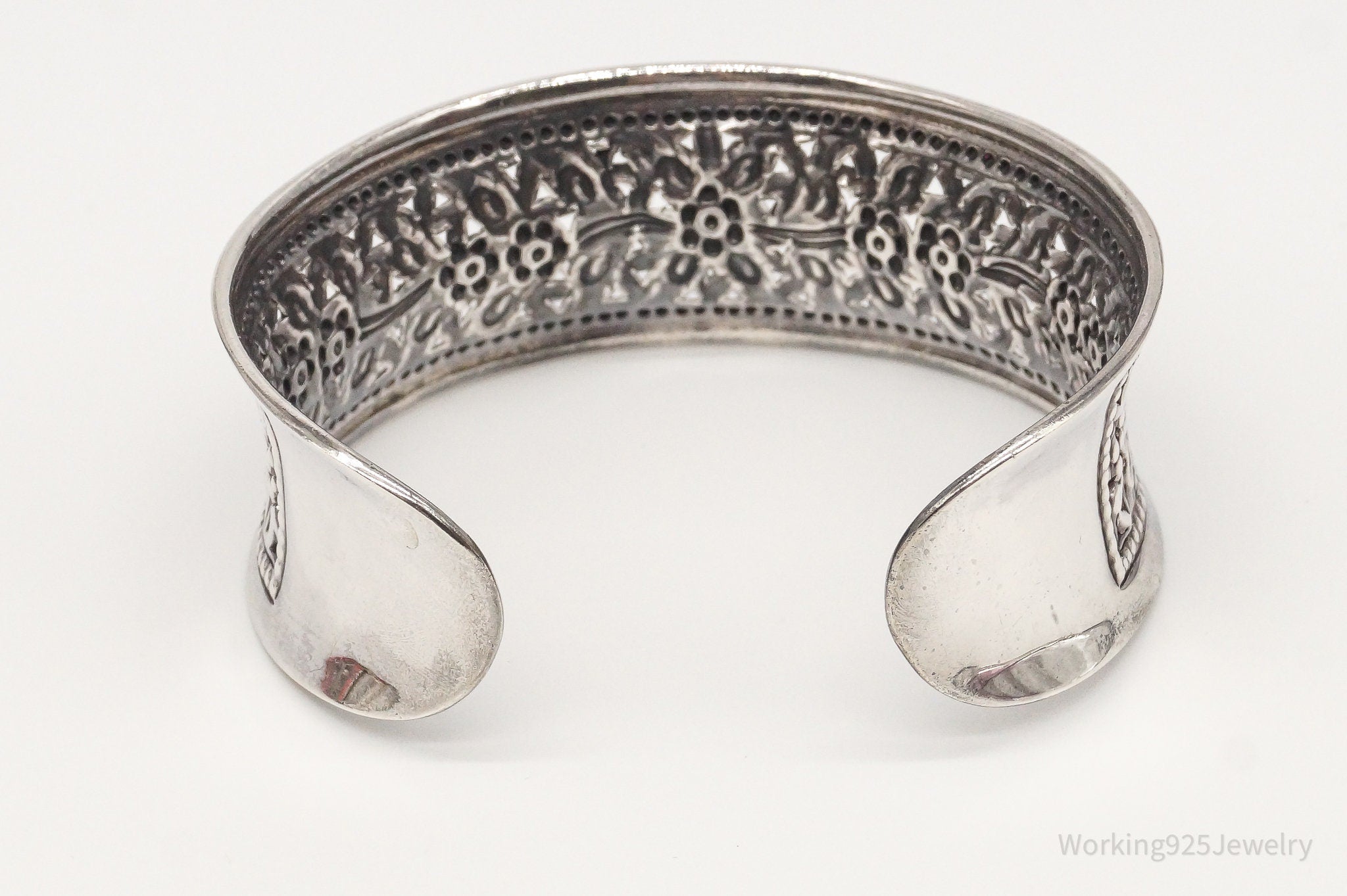 Vintage Thai Designer Floral Pattern Oxidized Sterling Silver Cuff Bracelet