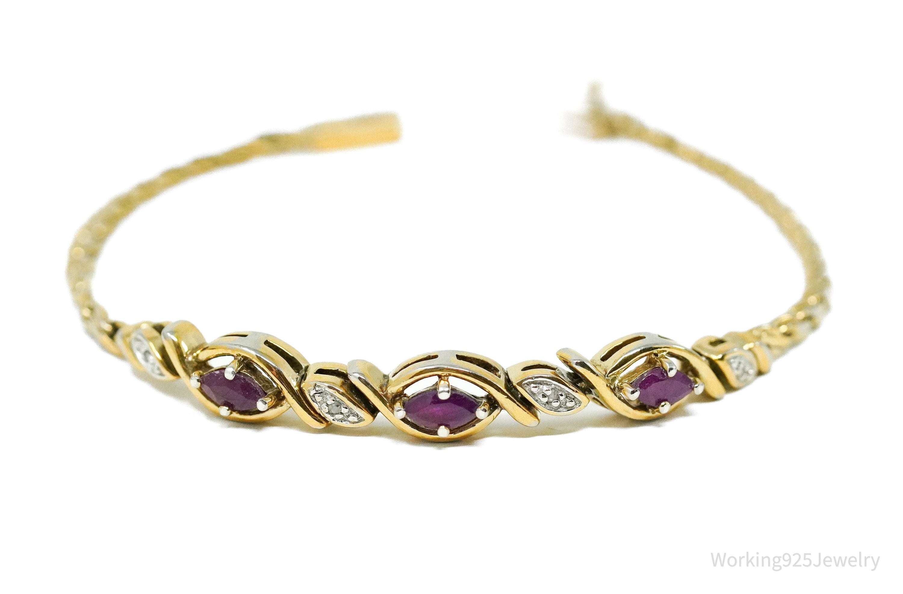 Vintage PAJ Diamond & Ruby Gold Over Sterling Silver Bracelet 7.25"