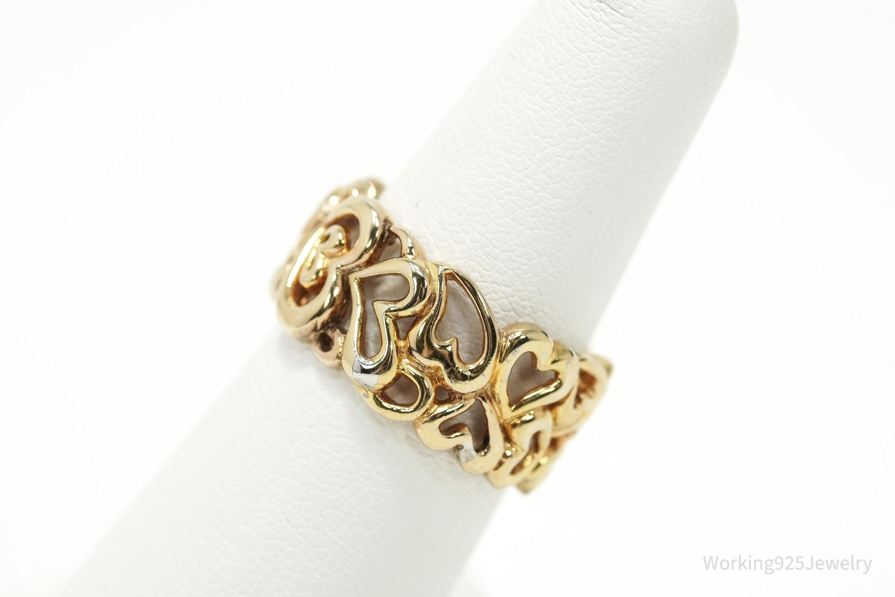 Vintage Gold Vermeil Hearts Wide Band Sterling Silver Ring Adjustable Sz 6.75