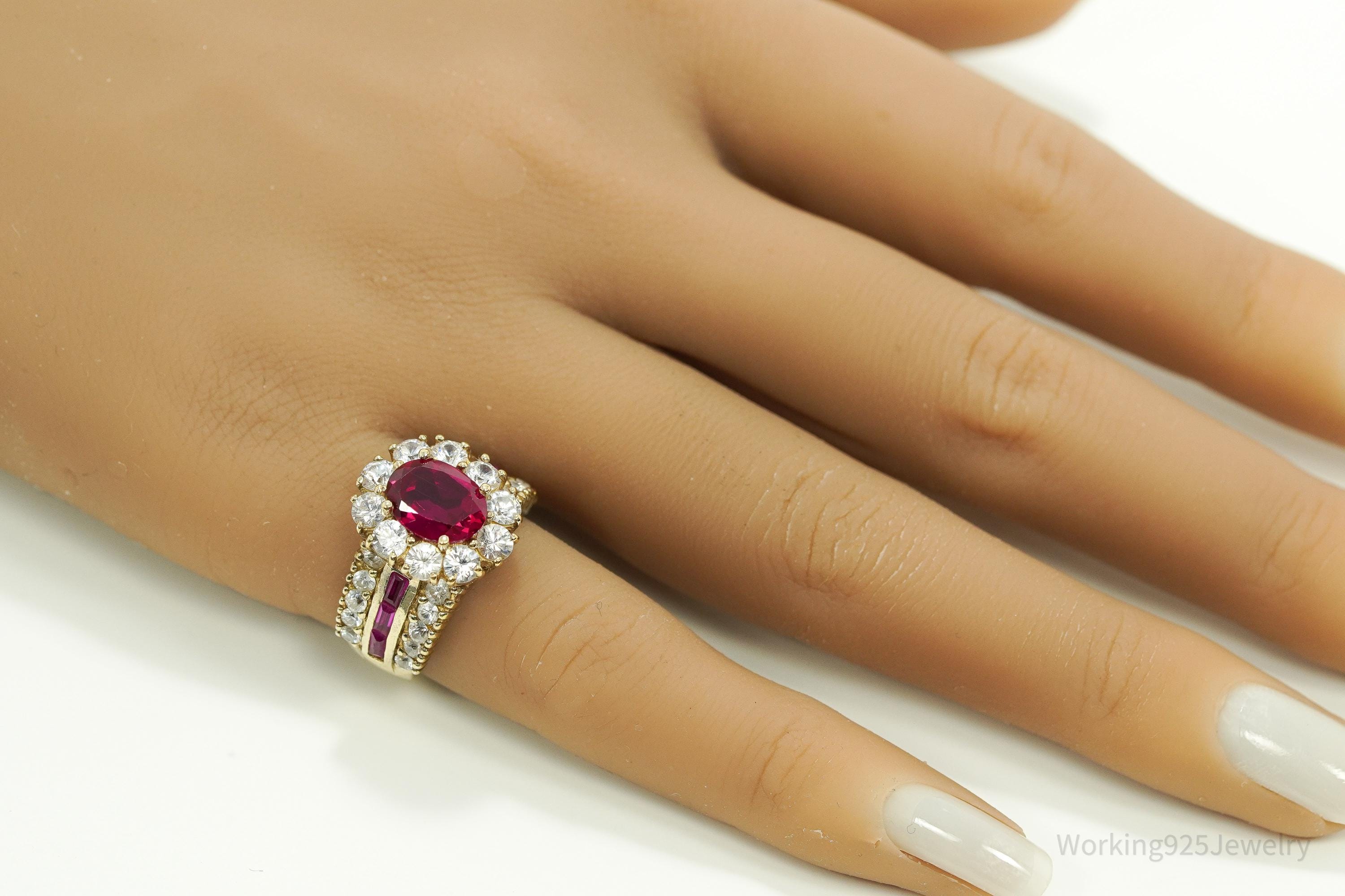 Vintage Ruby & Cubic Zirconia Gold Vermeil Sterling Silver Ring Size 6.25