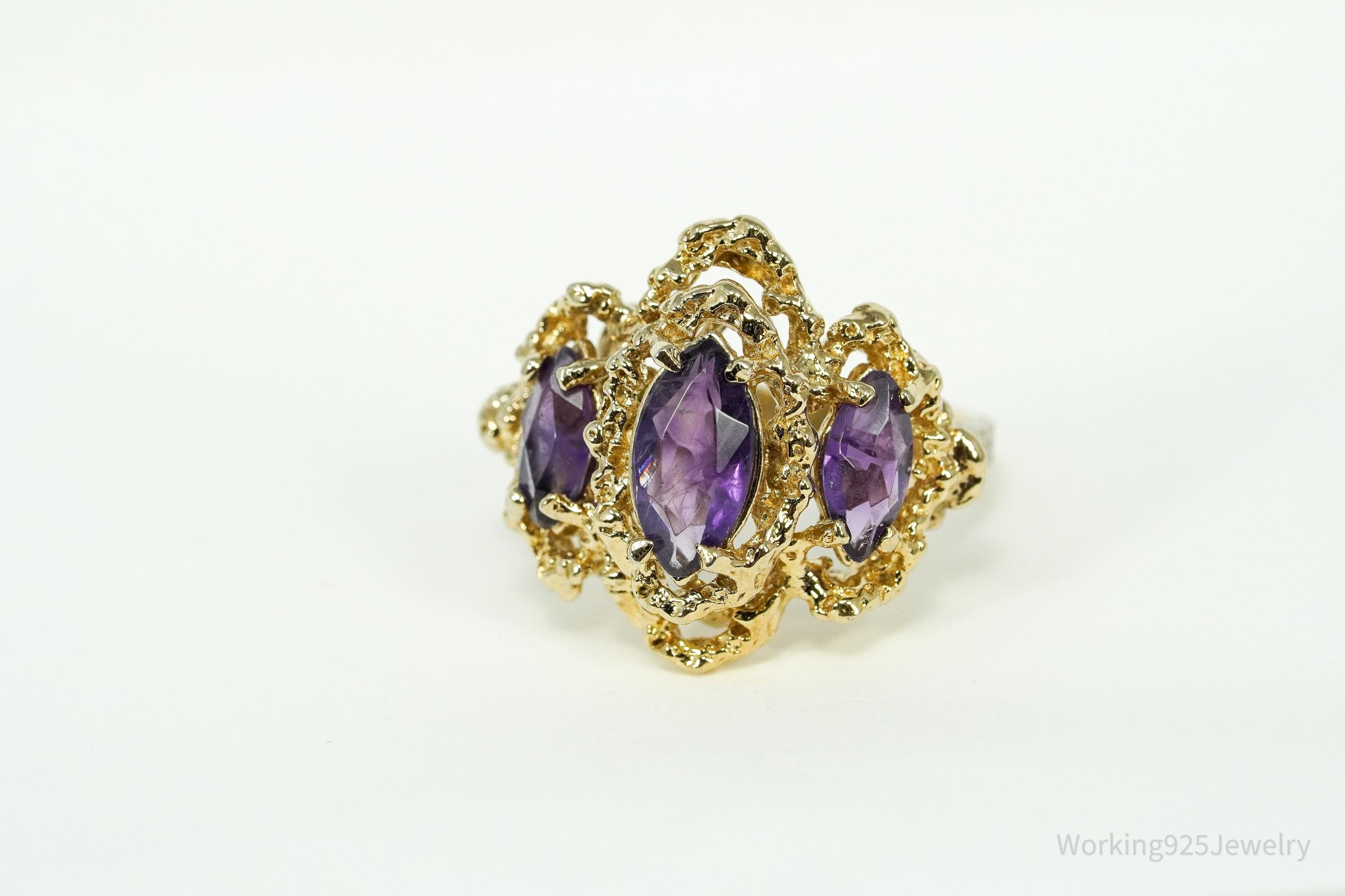 Vintage Amethyst 14K Yellow Gold Vermeil Sterling Silver Ring - Size 6.5