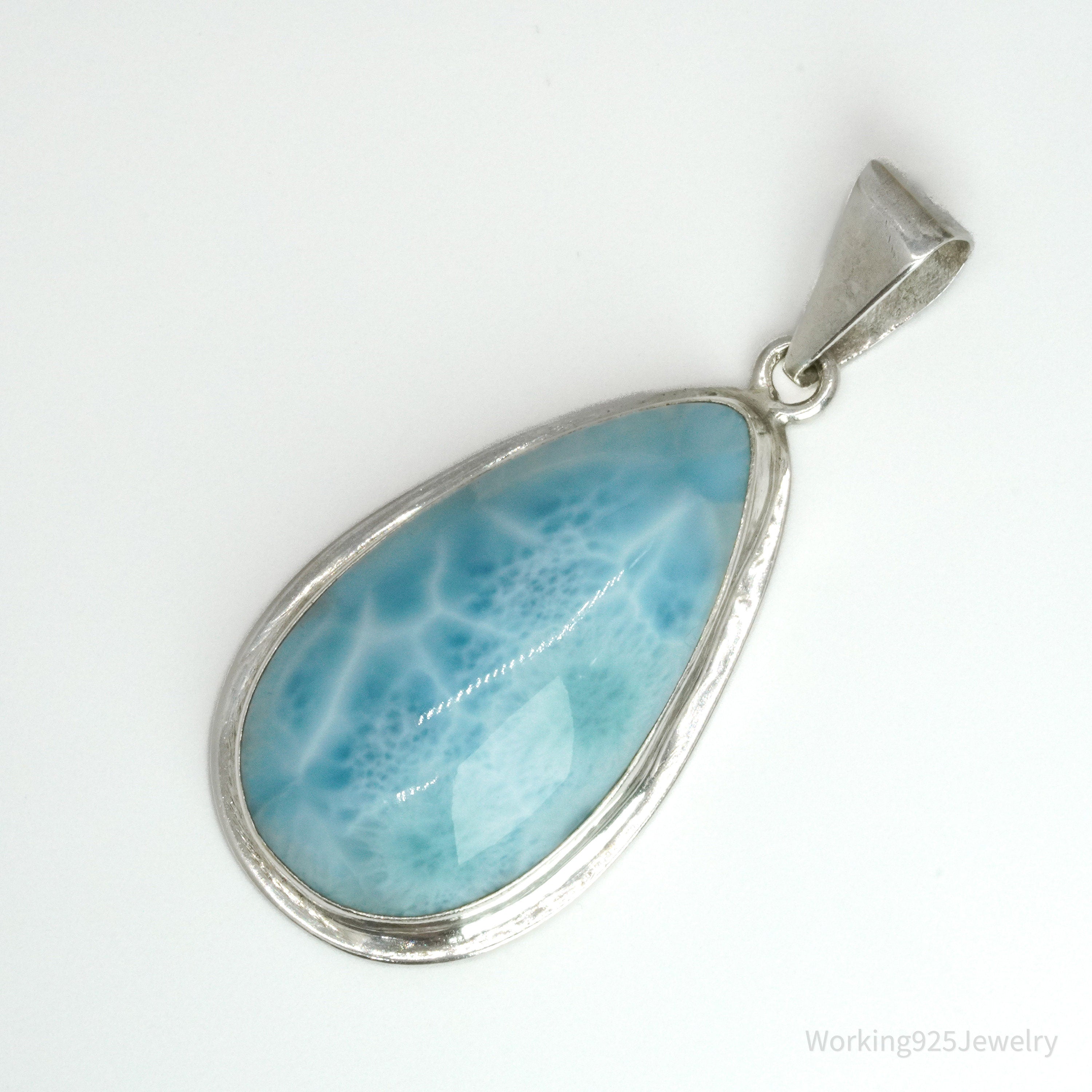 Vintage Large Blue Larimar Sterling Silver Necklace Pendant