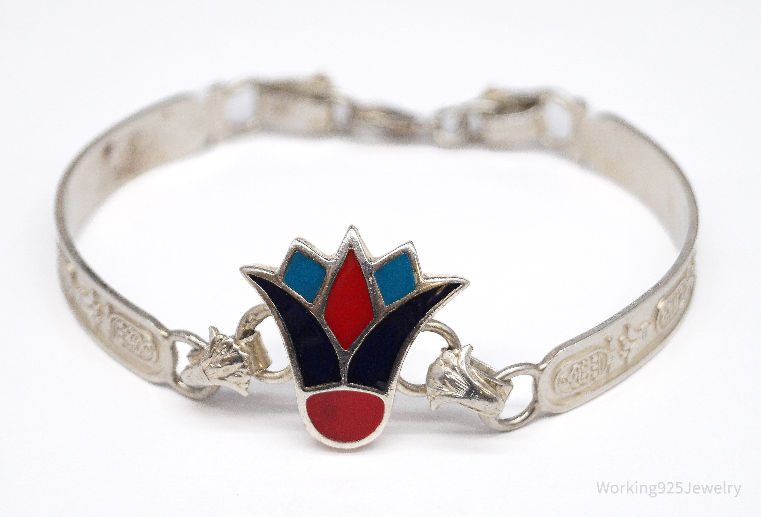Vintage Egyptian Enamel Lotus & Cartouche Silver Bracelet - 7.25"