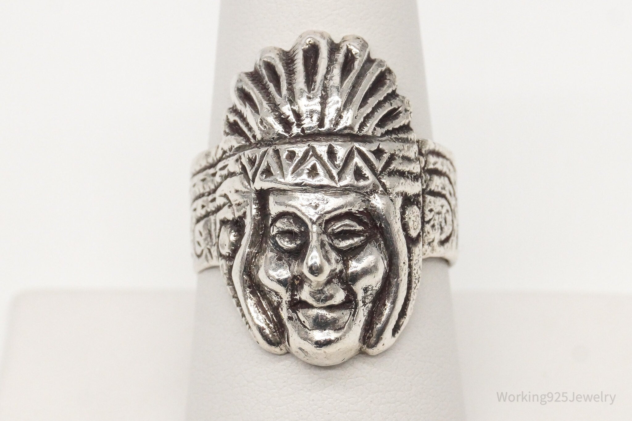 Vintage Native American Chief Head Silver Ring - Size 8.5