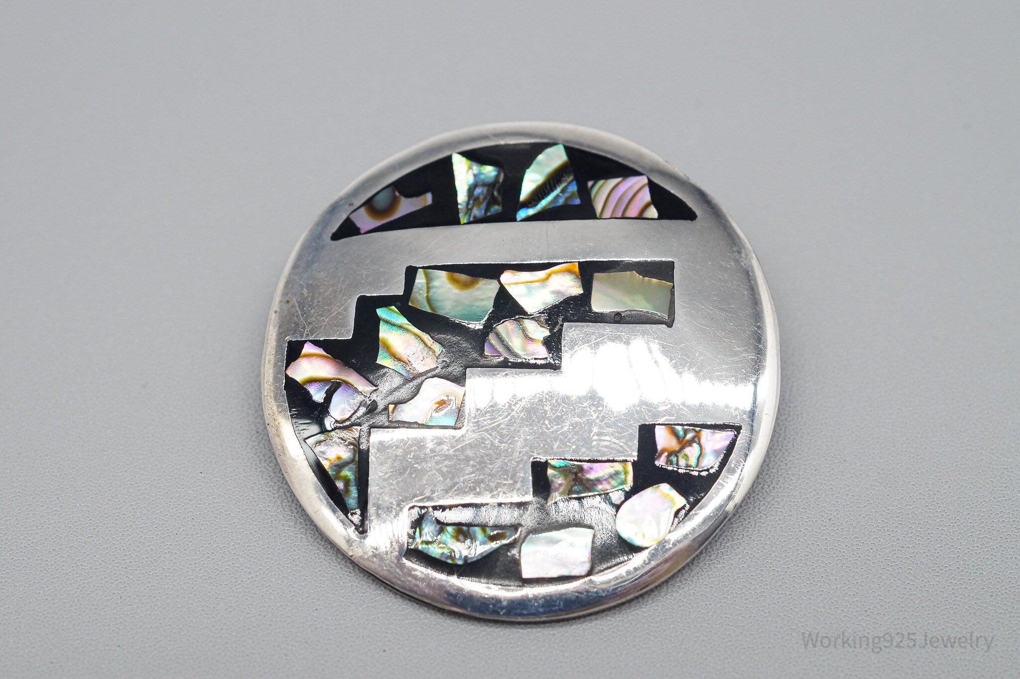 Large Vintage Taxco Mexico Abalone Paua Shell Inlay Sterling Silver Brooch Pin Pendant