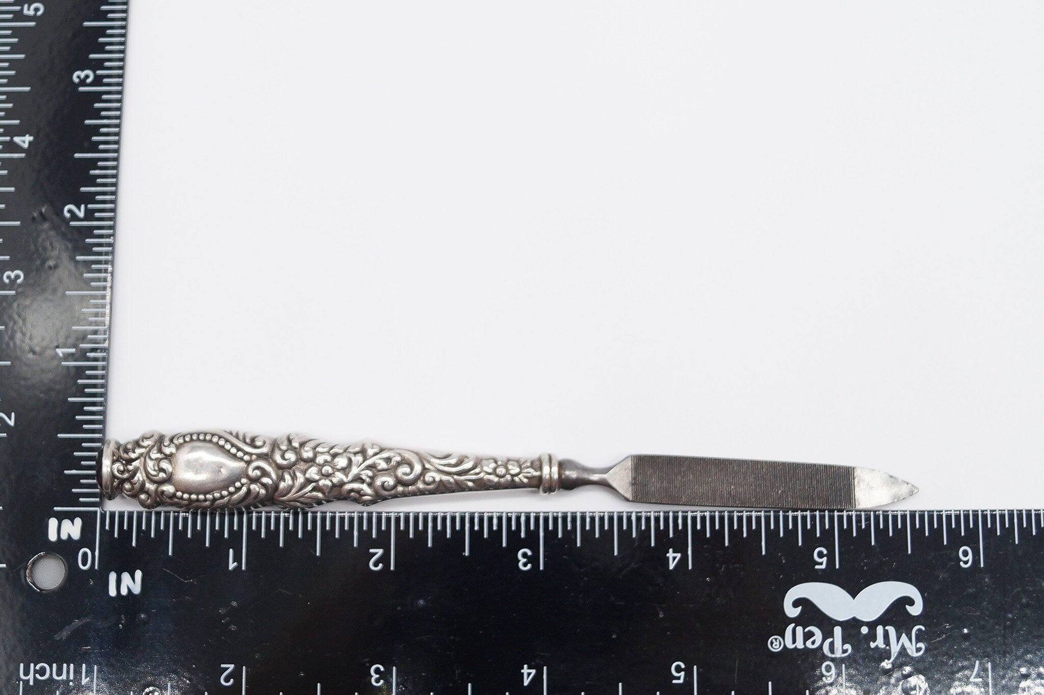 Large Rare Antique Repousse Purple Glass End Sterling Silver Nail File