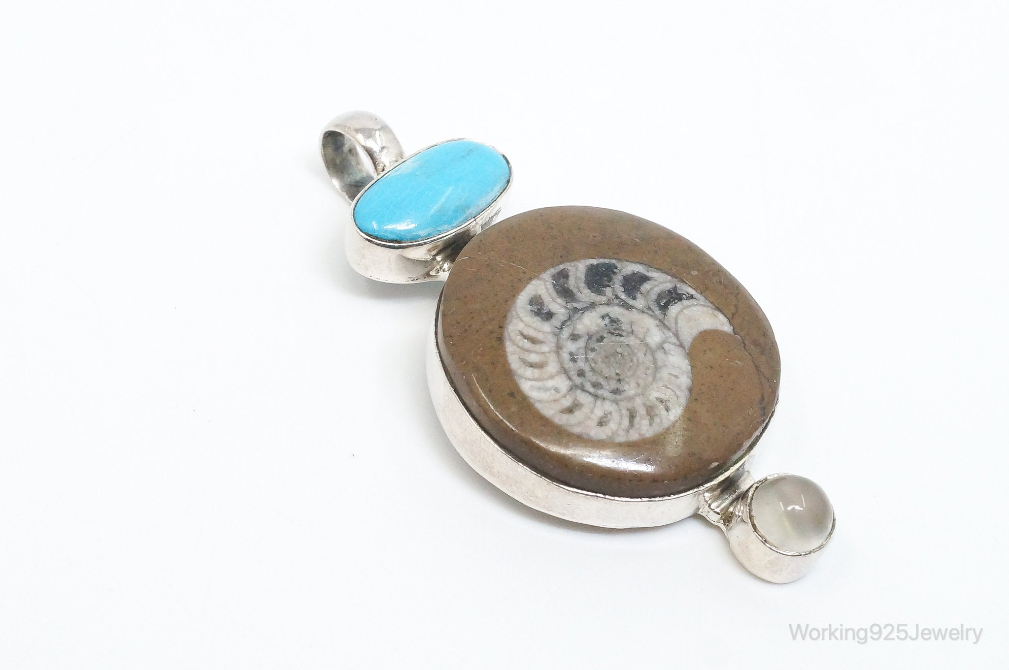 Vintage Large Fossil Shell Turquoise Gray Moonstone Sterling Silver Pendant