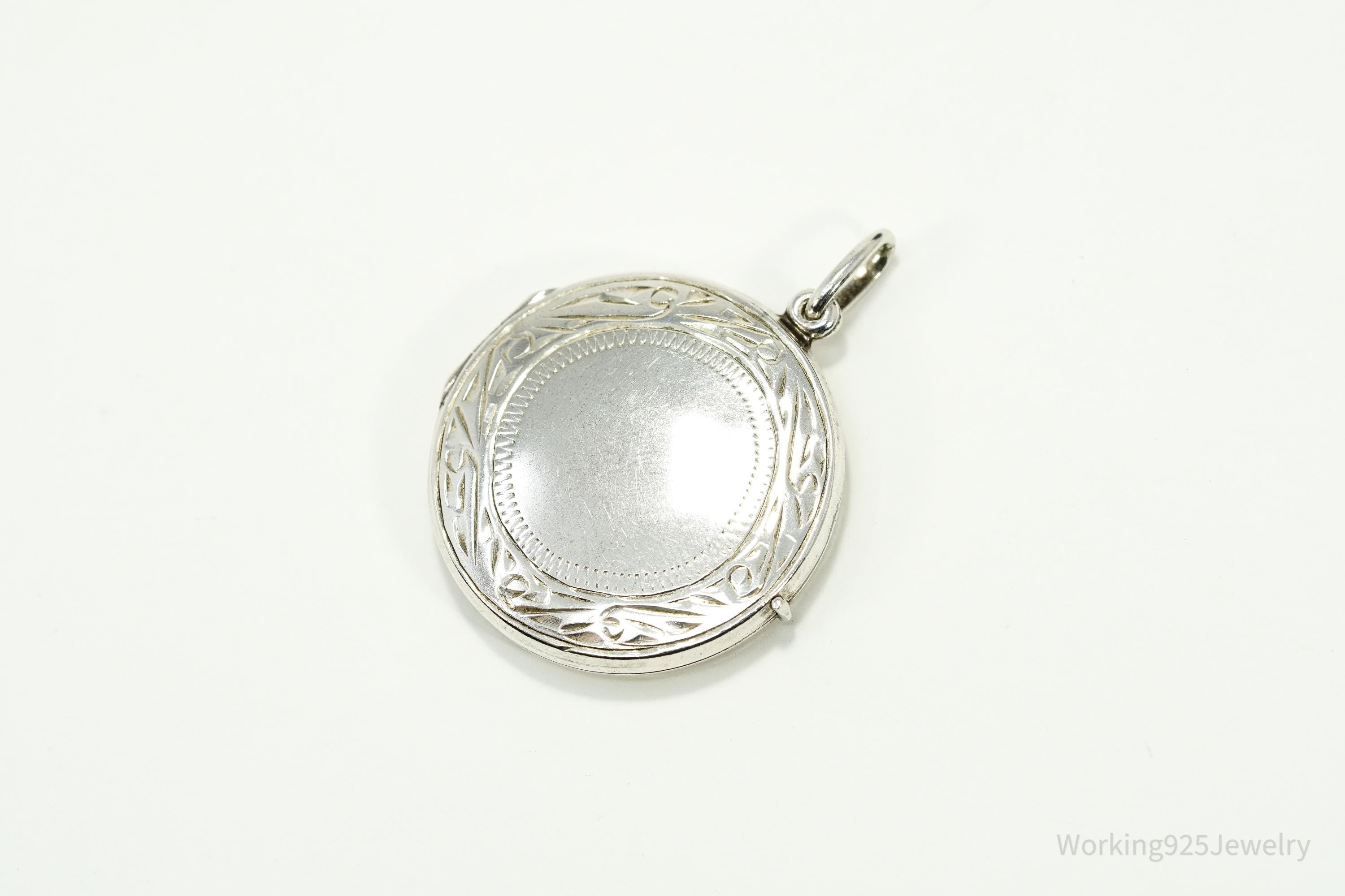 Vintage Round Etched Sterling Silver Locket Pendant