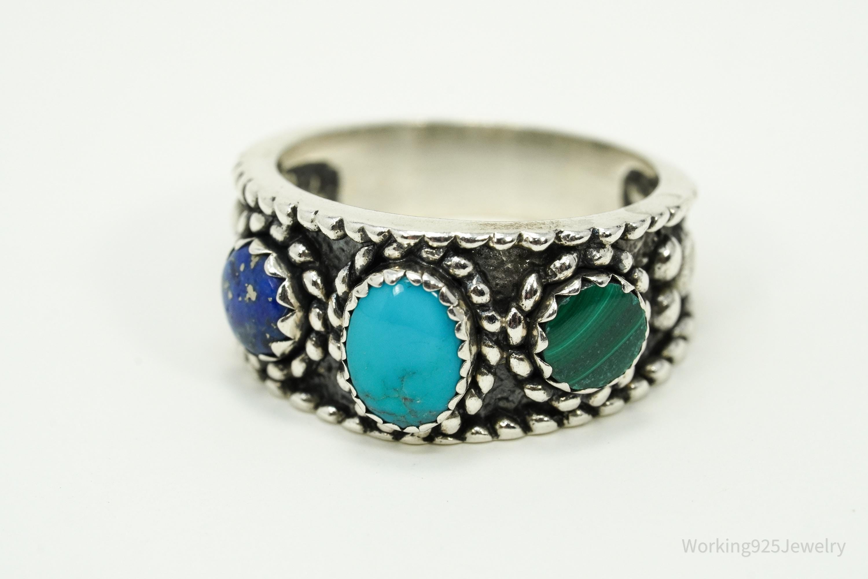 Vintage Native Designer QT Quoc Multi Gem Sterling Silver Ring - Size 6