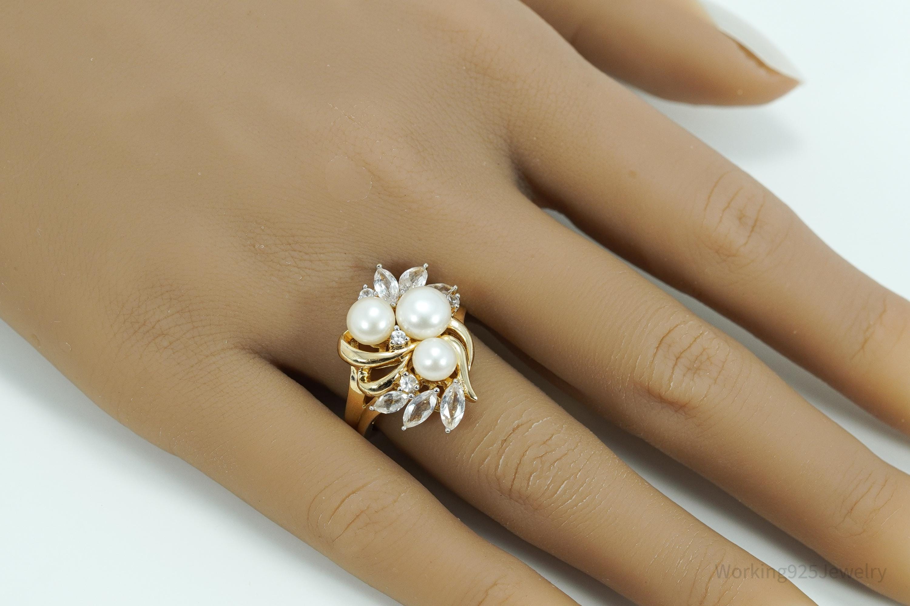 Vintage Pearl & White Sapphire Gold Over Sterling Silver Ring Size 7