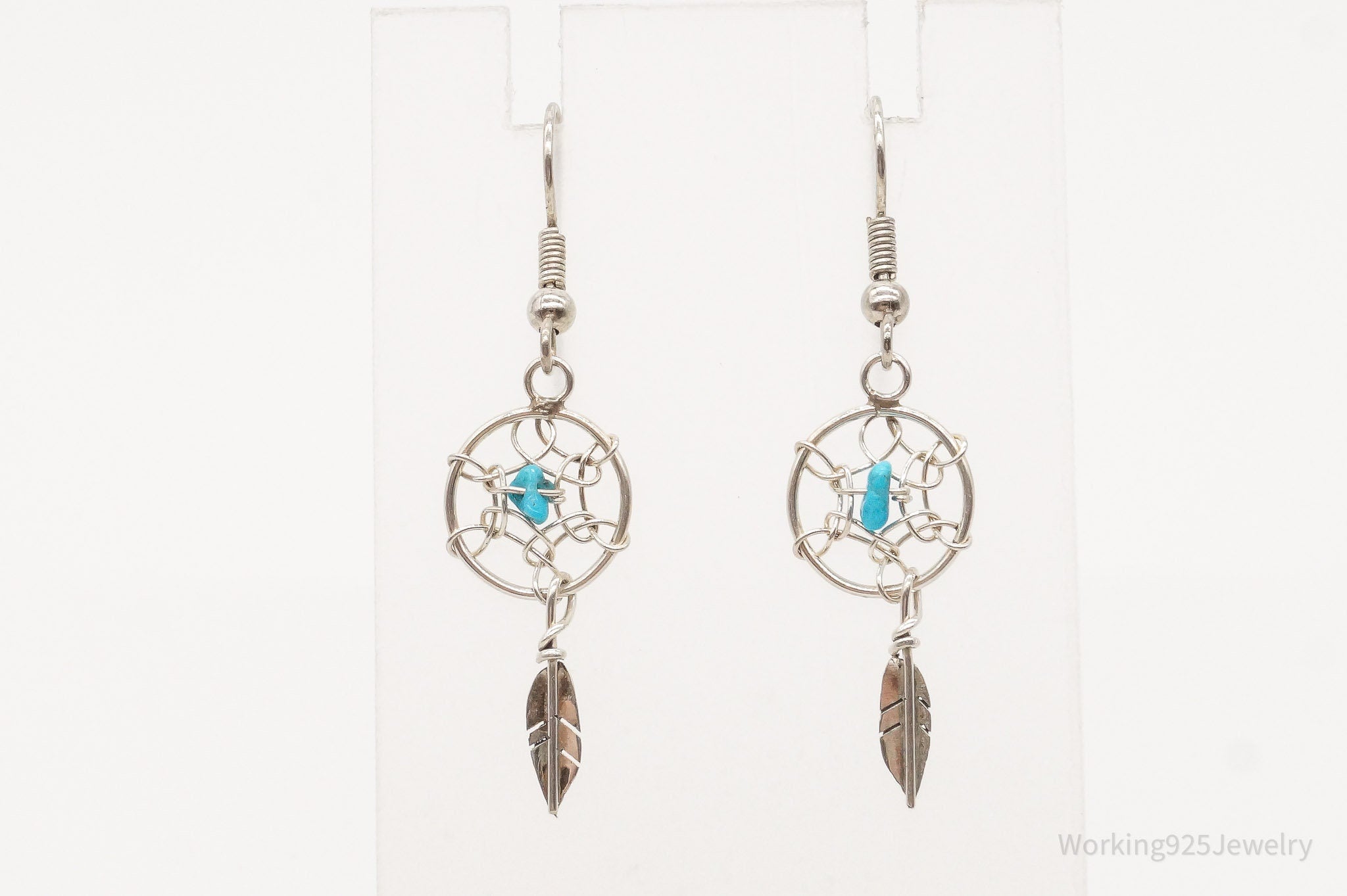 Vintage Native American Turquoise Dream Catcher Silver Earrings