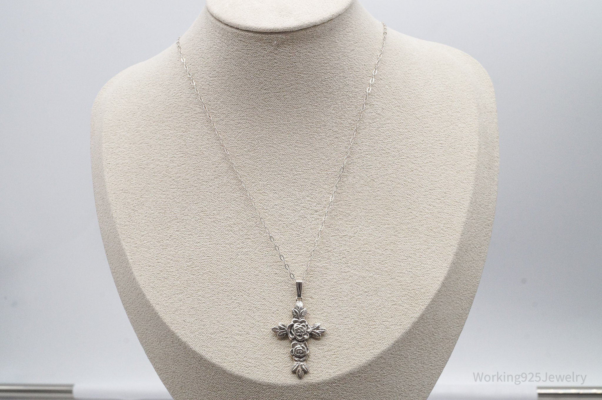 Vintage Rose Cross Sterling Silver Necklace 17"