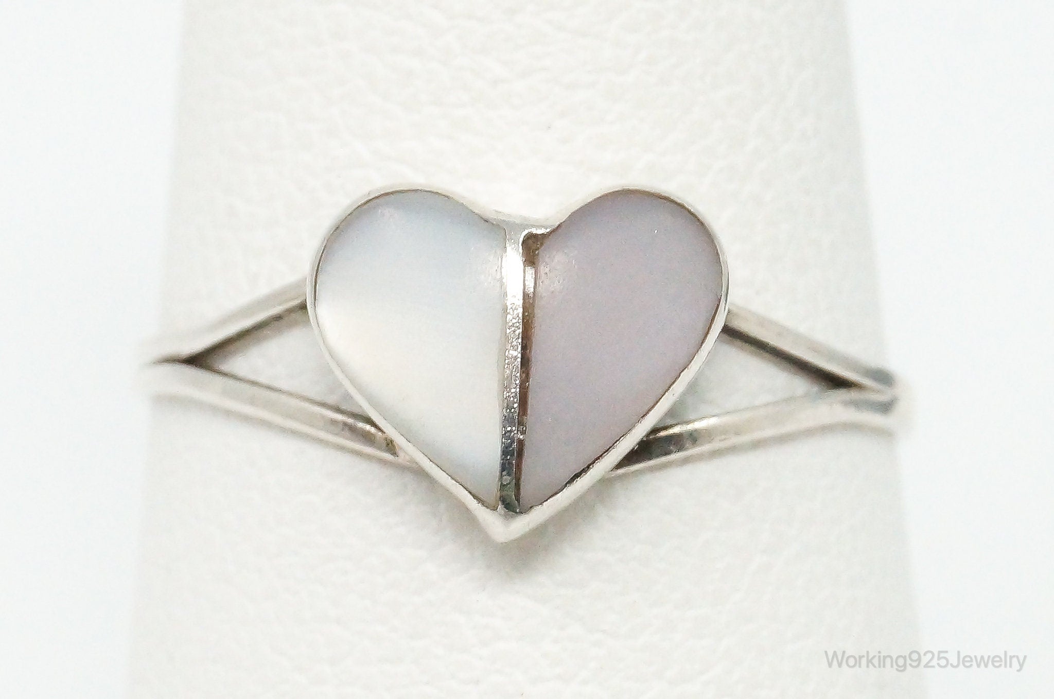 Vintage Mexico Mother Of Pearl Heart Sterling Silver Ring Size 7.5