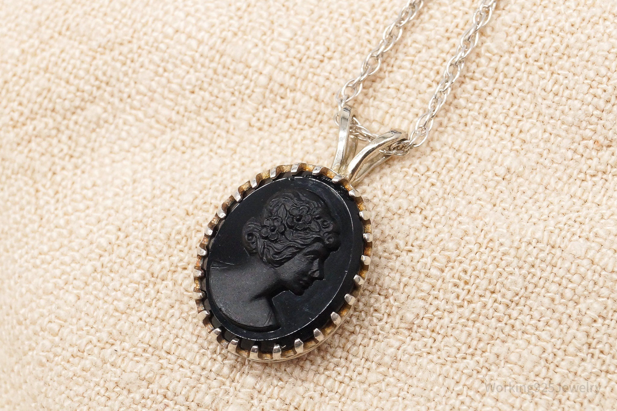 Vintage Carved Woman Black Cameo Sterling Silver Necklace 17"