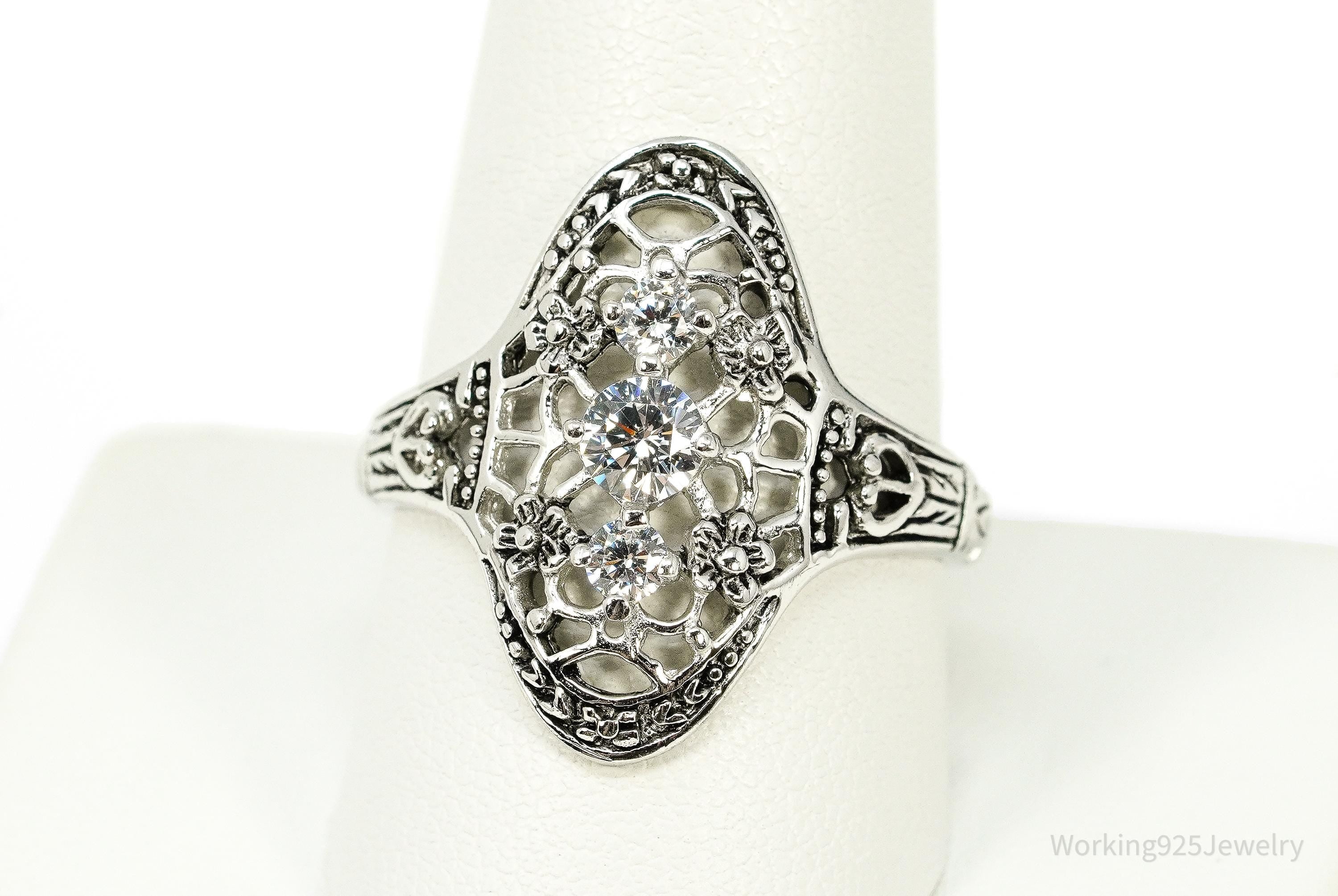 Vintage Cubic Zirconia Ornate Sterling Silver Ring - Size 10.25