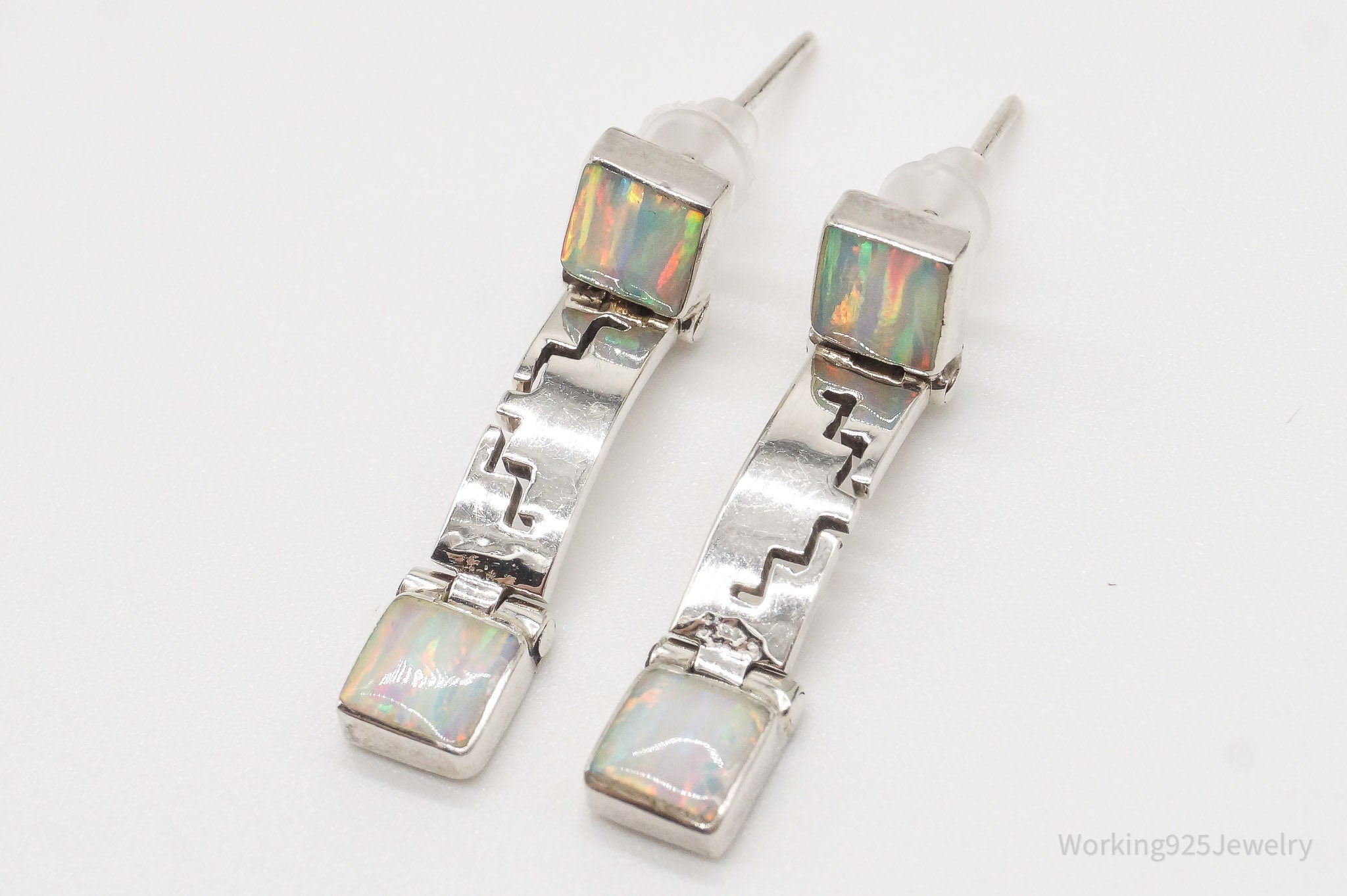 Vintage Mexican White Opal Aztec 950 Silver Earrings