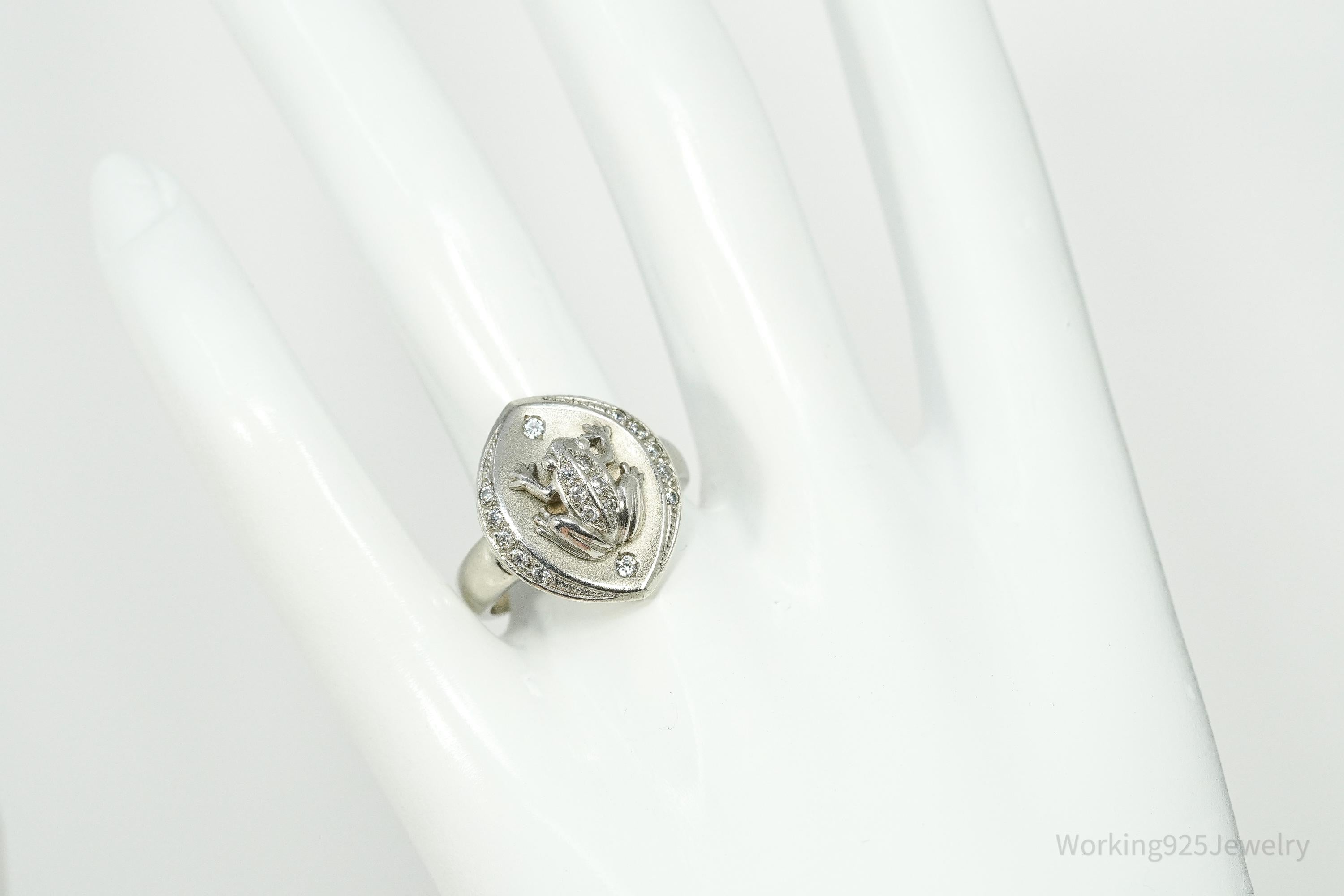 Vintage Frog Cubic Zirconia Sterling Silver Ring - Size 8.25