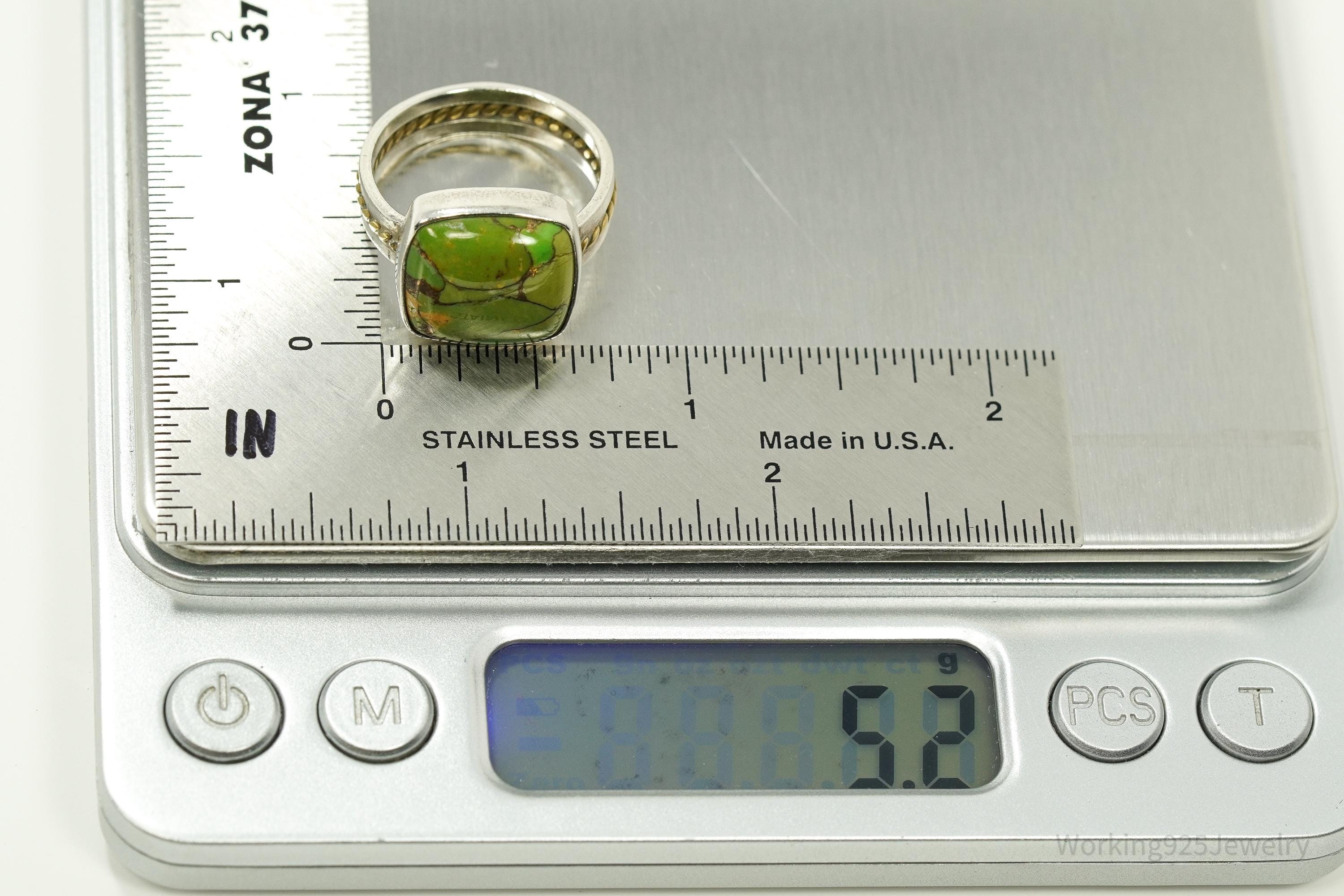 Vintage India Designer YS Green Copper Turquoise Two Tone Sterling Silver Ring - Size 9