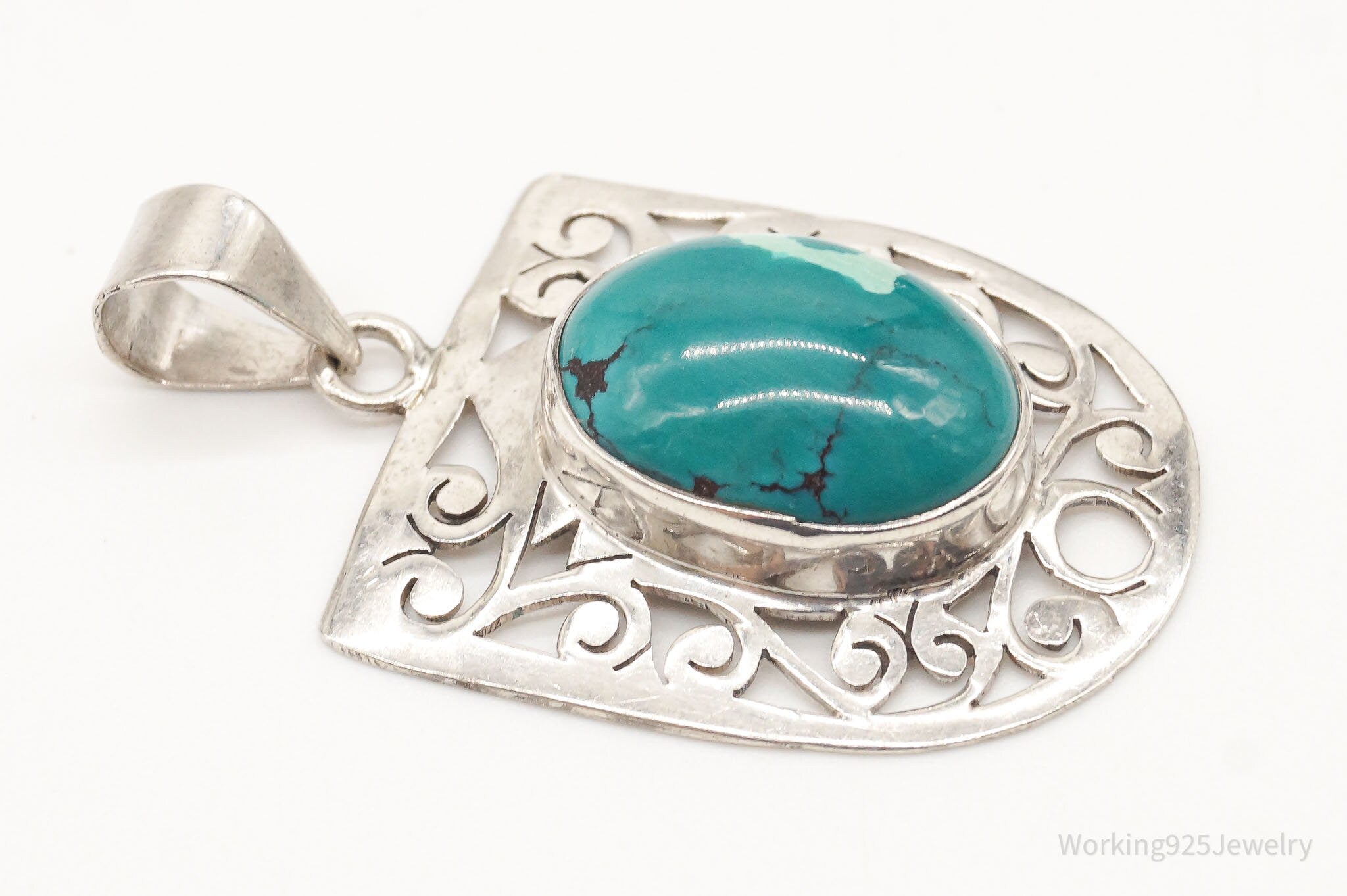 Vintage Large Turquoise Sterling Silver Necklace Pendant