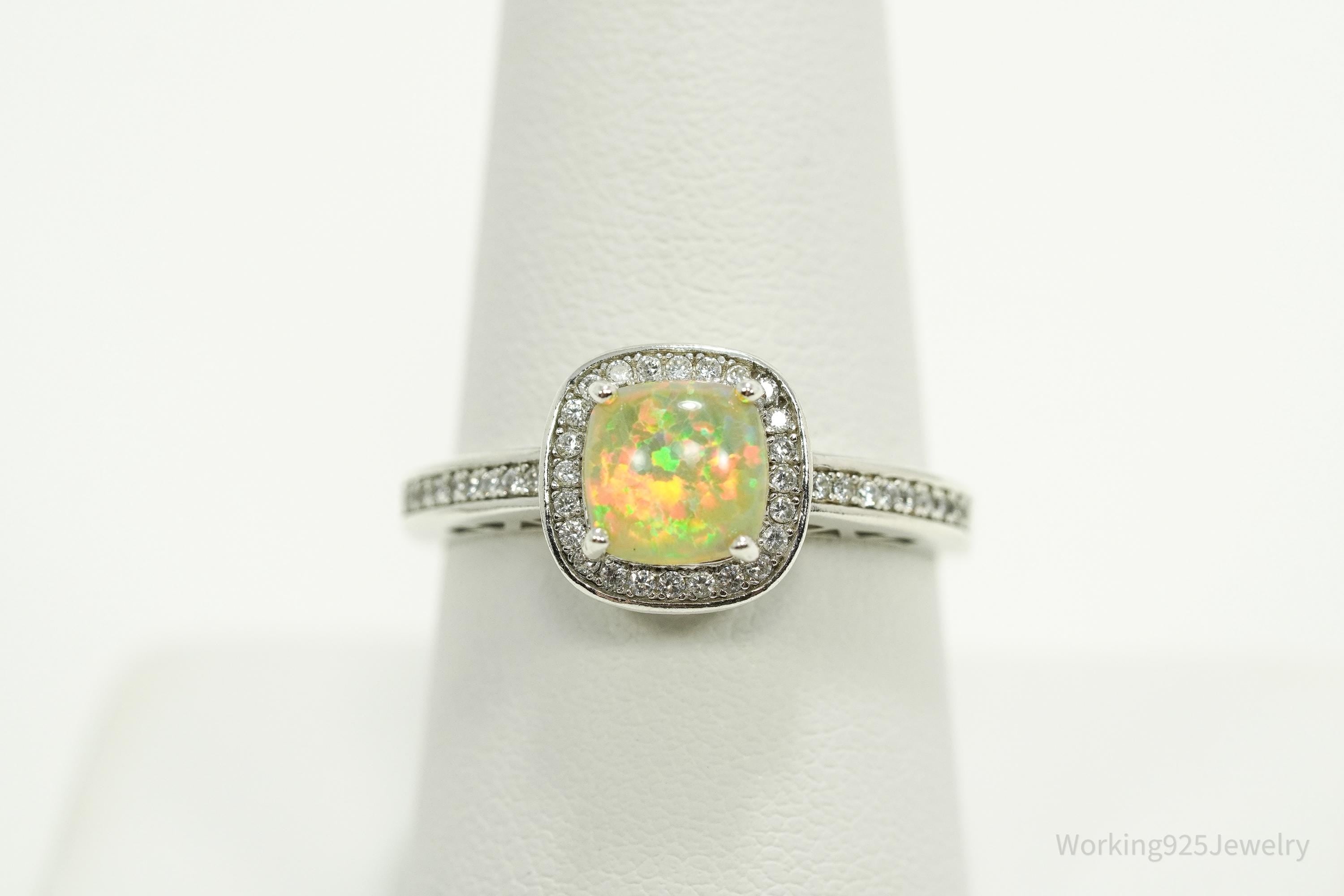 Vintage Opal & Cubic Zirconia Silver Ring - Size 9.25
